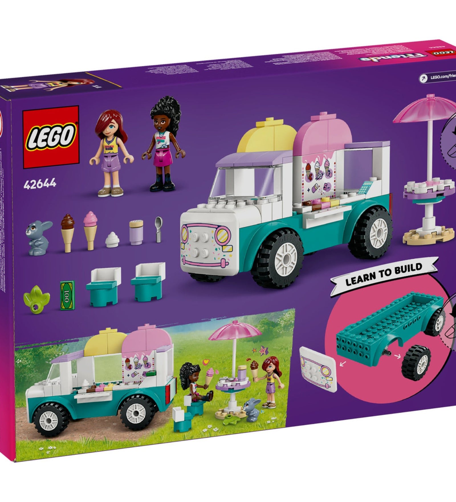 A LEGO Friends Fagyis furgon Heartlake Cityben 42644 hátoldala, amely bemutatja a furgon részleteit, Paisley és Elsa D. figuráit, nyuszi figurát, fagylaltos kiegészítőket, napernyőt, székeket és az egyszerű építési útmutatót.