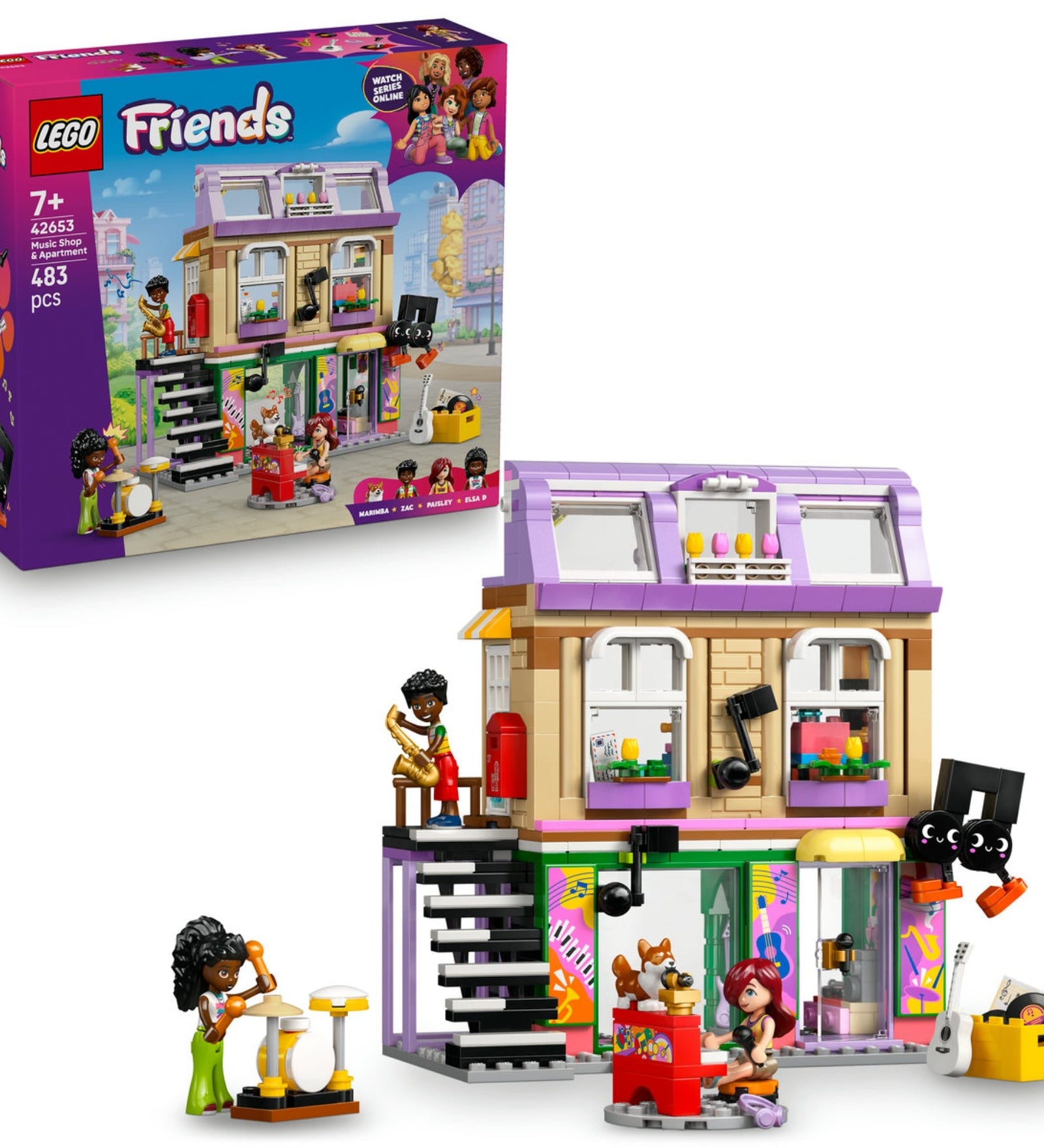 LEGO Friends Zeneüzlet és lakás (42653) doboza és az épített kétszintes épület, melyen egy dobkészleten játszó figura és egy zongorázó minifigura látható a zeneüzlet előtt.