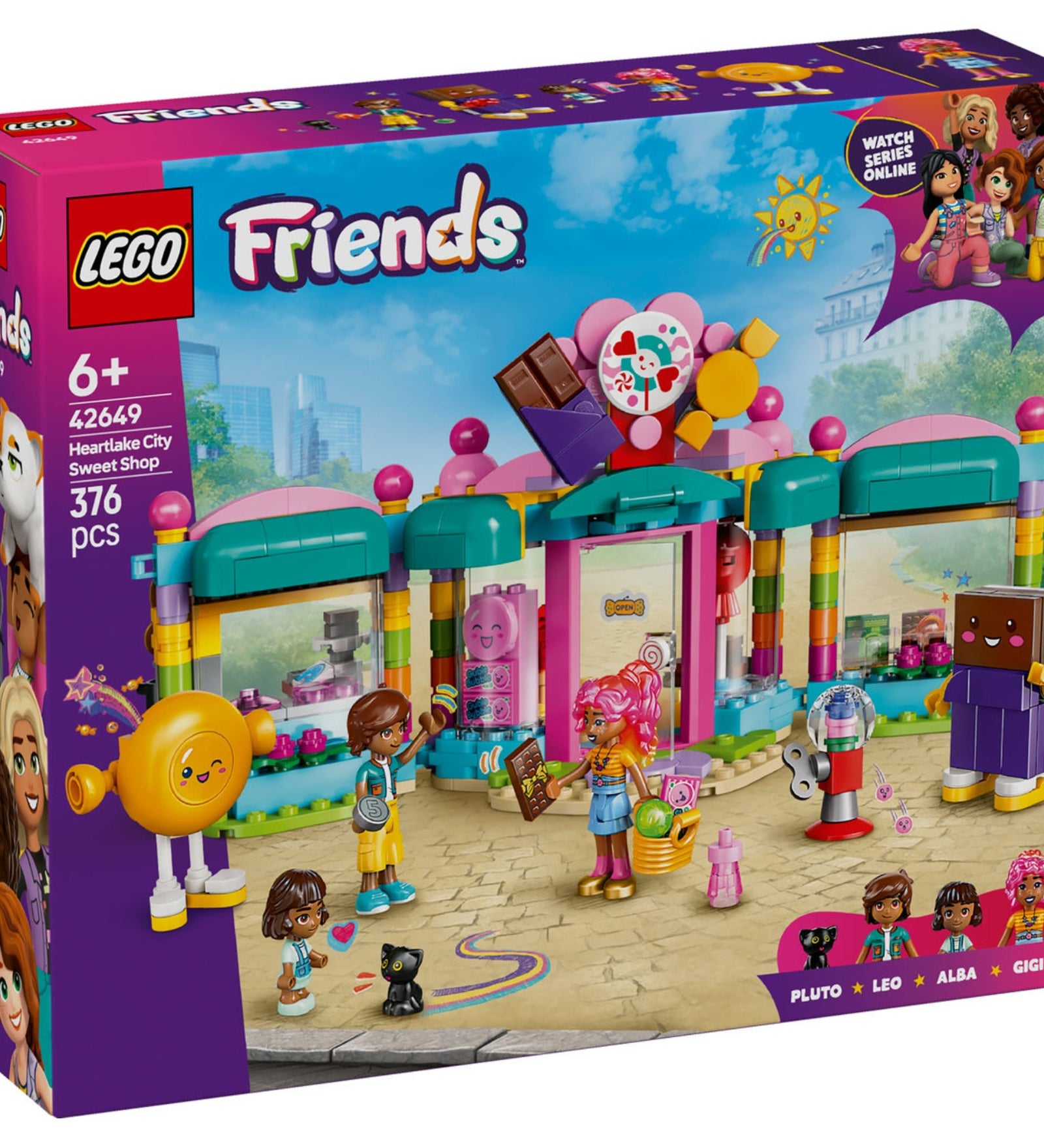 LEGO Friends Heartlake City édességbolt 42649 szett, amely tartalmaz 2 mini-baba figurát, egy macskát, kabalafigurákat, nyalókát és édességkészítő kiegészítőket.