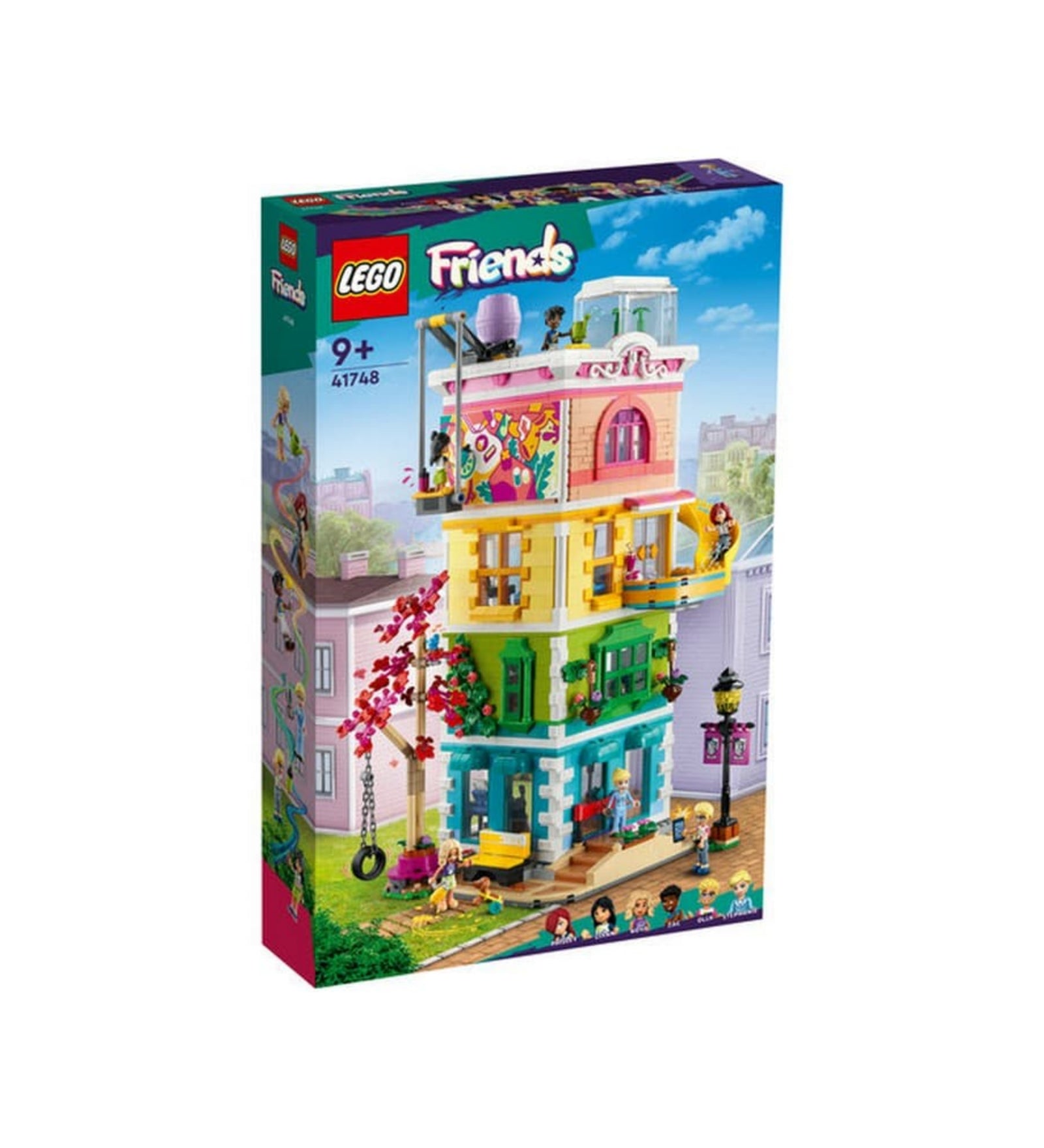 A LEGO Friends Heartlake City Közösségi Központ (41748) hivatalos doboza, élénk színes grafikával. A dobozon a háromszintes épület látható különböző jelenetekkel, karakterekkel és városi háttérrel. A készlet 9 éves kortól ajánlott és 1513 darabból áll.