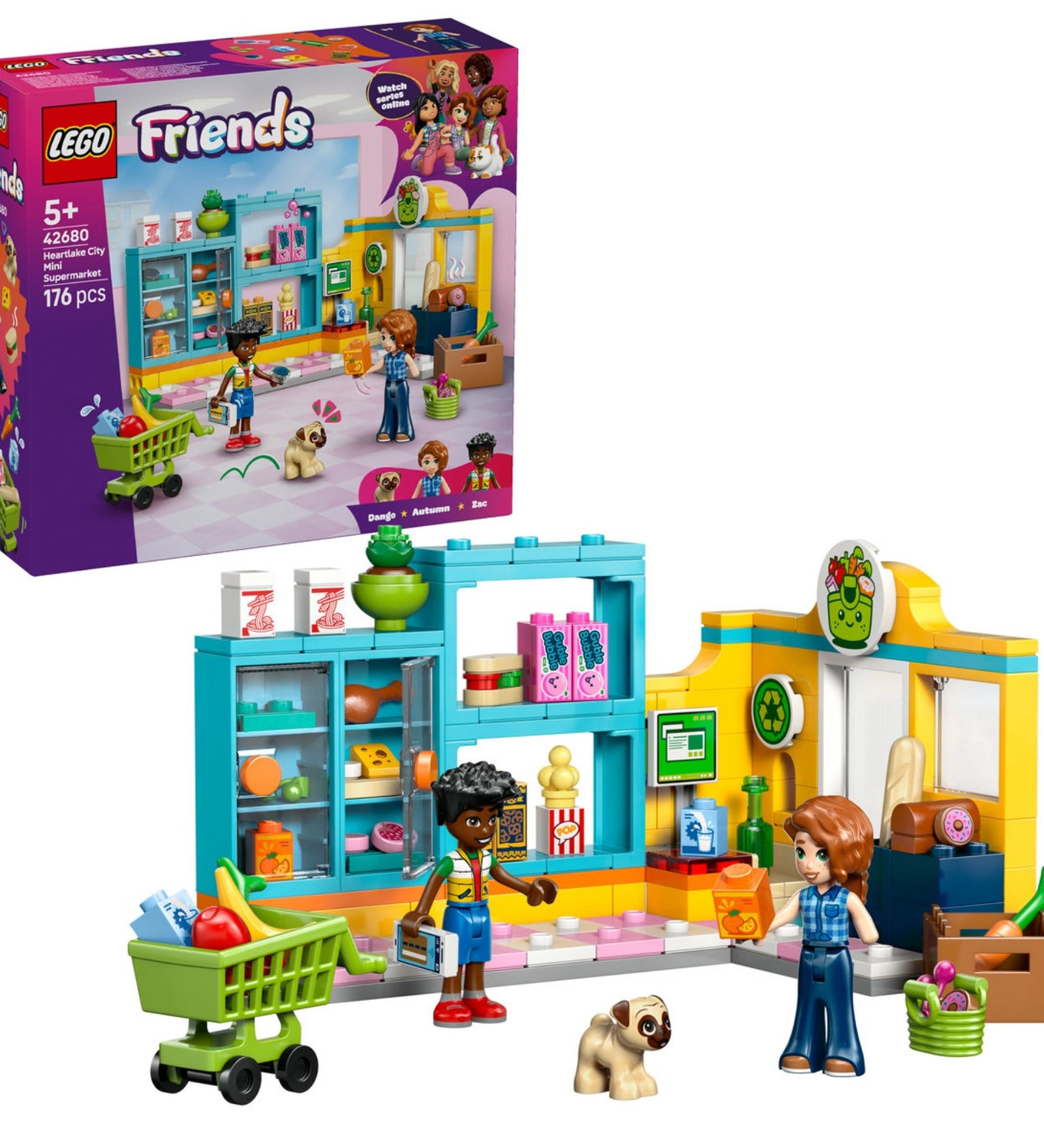 LEGO Friends Heartlake City Mini Supermarket (42680) megépített szupermarket figurákkal, kiskutyával és bevásárlókocsival.