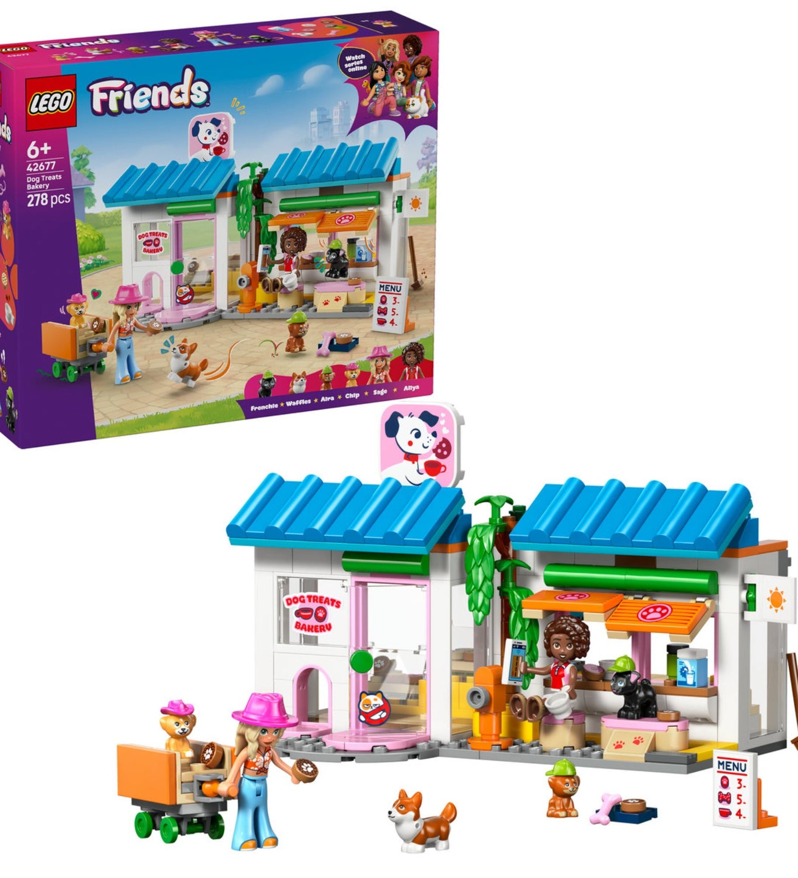 LEGO Friends Dog Treats Bakery (42677) kutyakeksz pékség épület figurákkal, kiskutyákkal és kiegészítőkkel.
