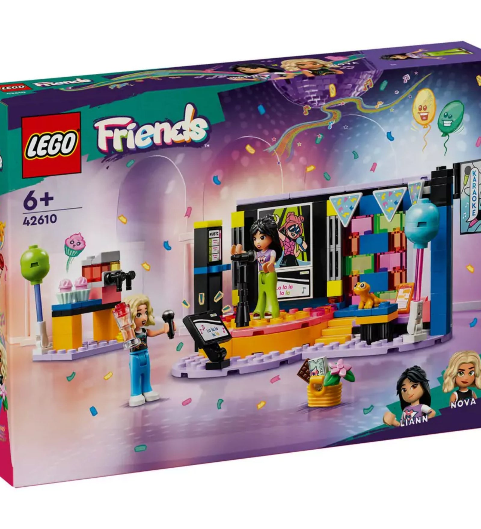 A LEGO Friends Karaoke parti (42610) doboza, rajta a szett látványos grafikája színes konfettikkel, a karaoke színpad, a két karakter – Nova és Liann –, valamint az ikonikus Friends logó és az életkor ajánlás: 6+.