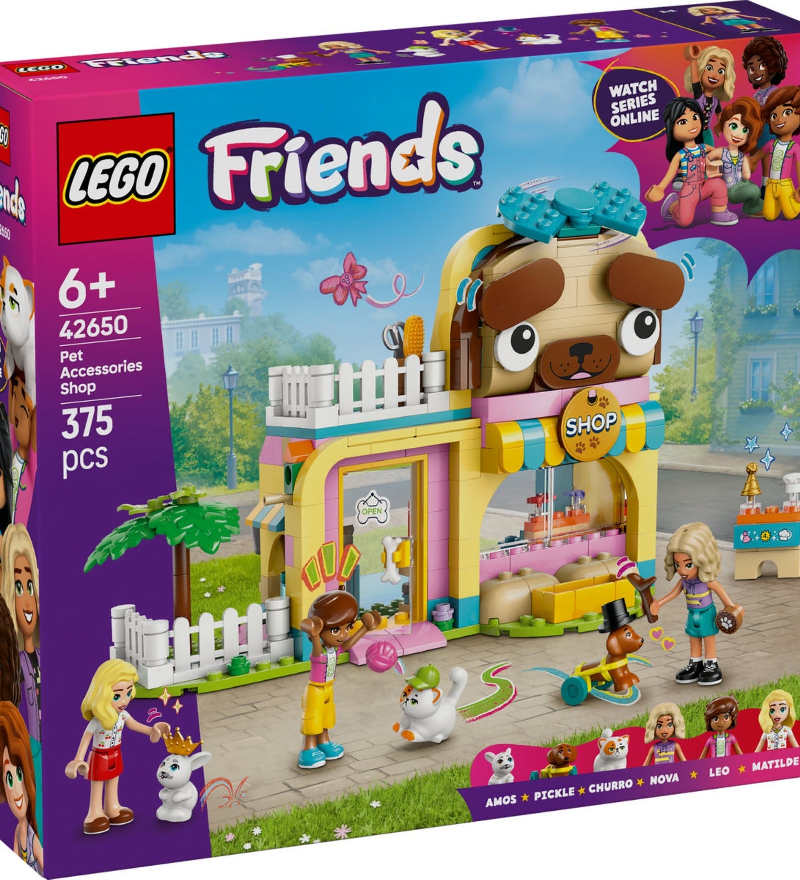 LEGO Friends Kisállatfelszerelések boltja 42650 szett doboza, bemutatva az üzlet kutyaformájú kialakítását, 3 mini figurát, cuki állatokat és vidám játéklehetőségeket.