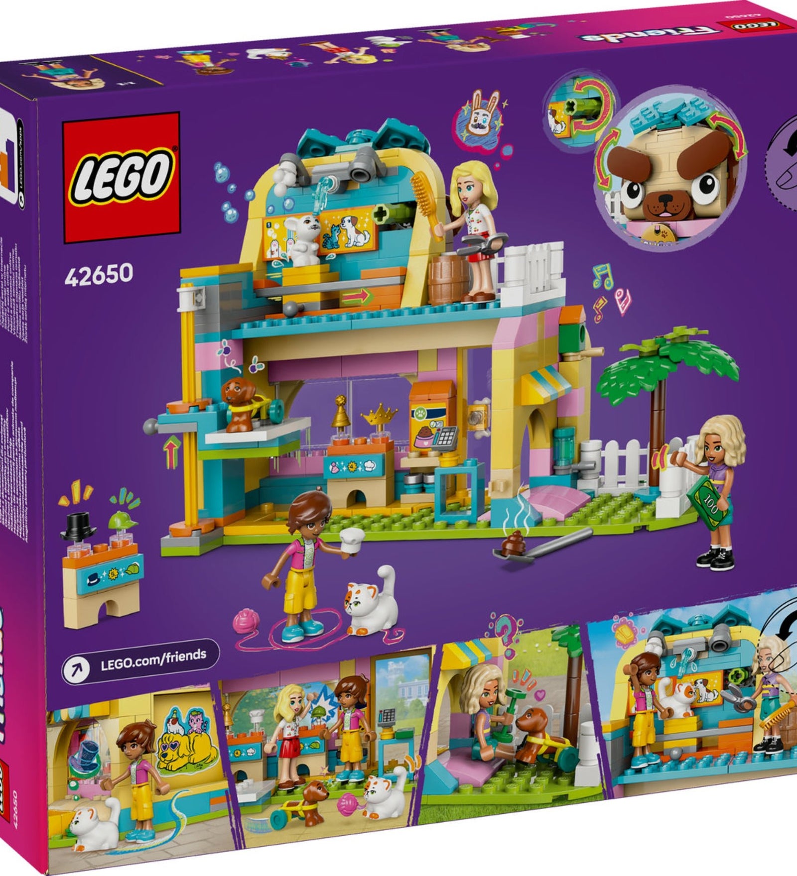 A LEGO Friends Kisállatfelszerelések boltja 42650 szett hátoldala, bemutatva a részletes játékfunkciókat: állatápolási zóna, lift, pénztárgép és mókás kiegészítők, mint a kutyaformájú épület mozgatható szemöldökei és forgó masnija. Szereplők: Nova, Leo, Matilda és aranyos állatfigurák.