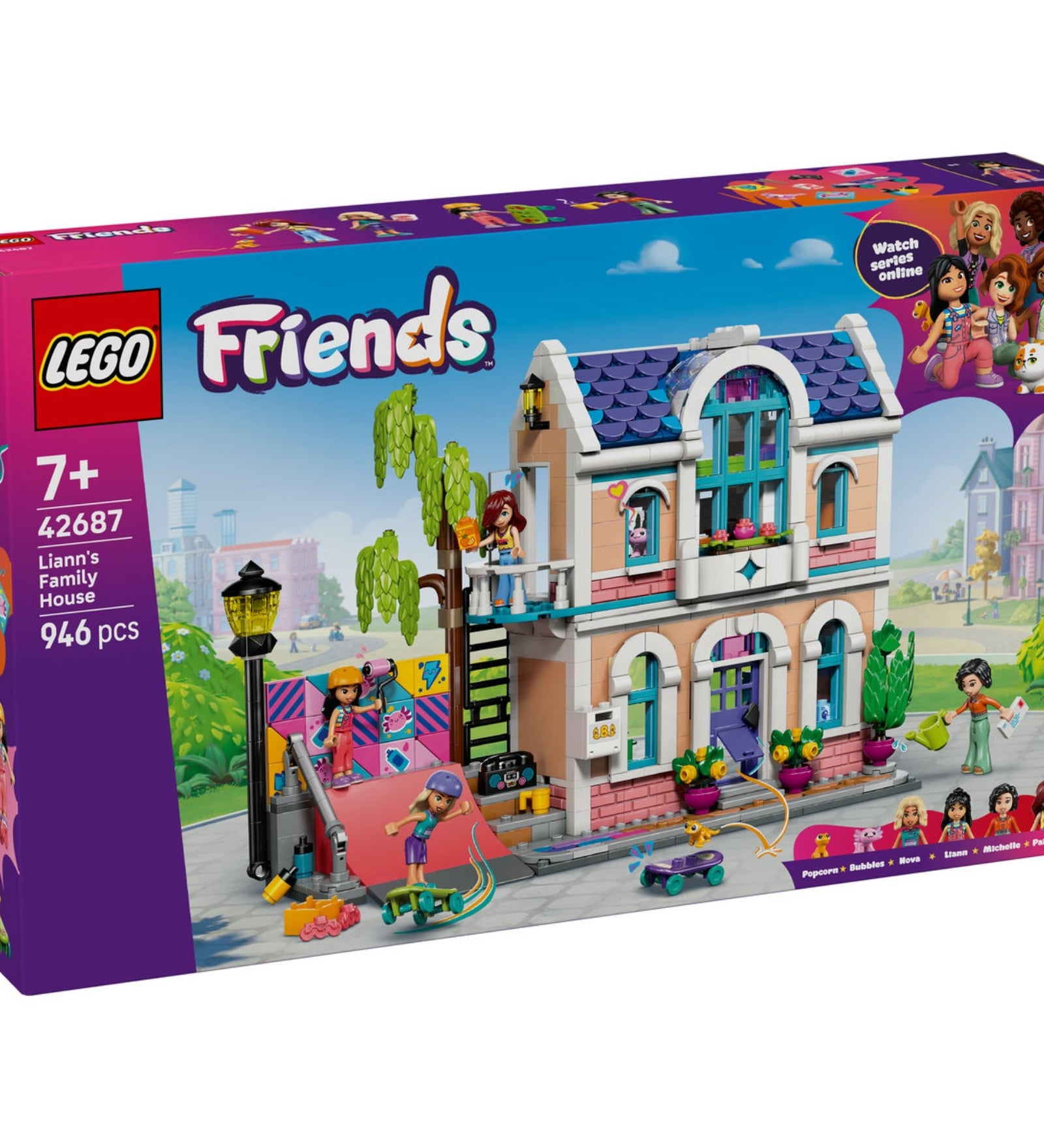 LEGO Friends Liann’s Family House (42687) elölnézeti dobozkép, 7+ korosztály, 946 darabos készlet.