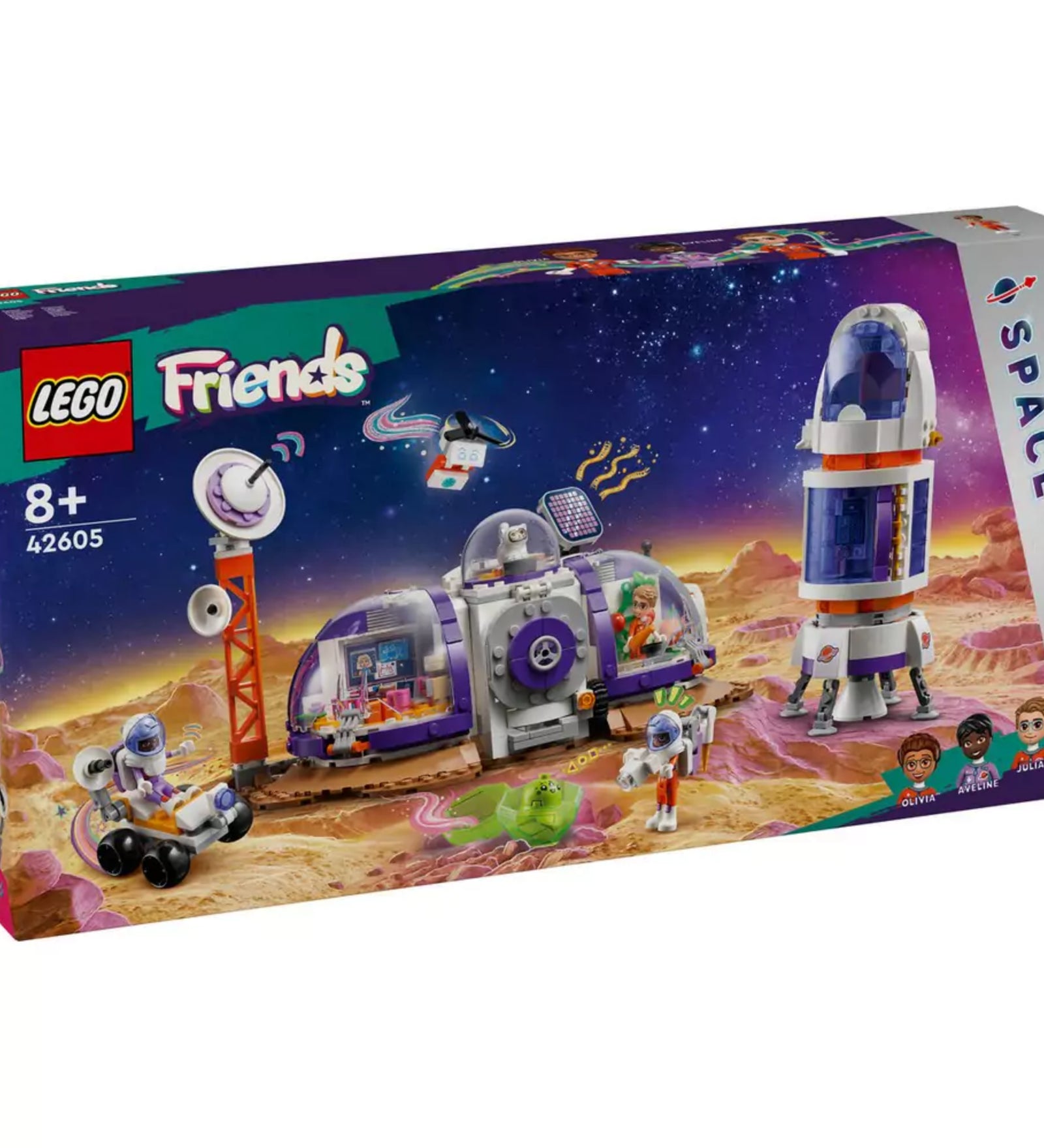 A LEGO Friends Mars űrállomás és űrrakéta (42605) doboza, amely látványosan ábrázolja a marsi tájat, az űrállomást, a rakétát és a karaktereket. A doboz jobb alsó sarkában Olivia, Aveline és Julian karakterportréja látható. A csomagolás a 8+ korosztály számára ajánlott.