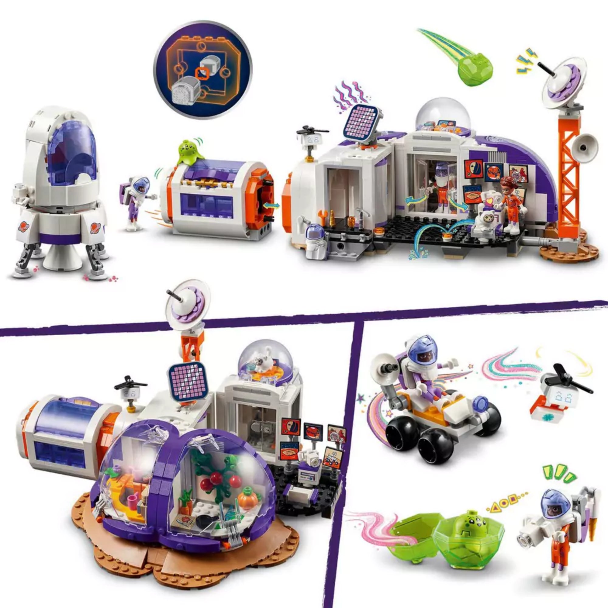 Különböző illusztrációk a LEGO Friends Mars űrállomás és űrrakéta (42605) készletből, köztük egy lebegő zöld földönkívüli figura, a nyitható rakéta modulos belső tere, űrhajós karakterek marsjárón és laboratóriumi jelenetek. A jelenetek játék közben, színes háttérrel és mozgást imitáló grafikákkal láthatók.