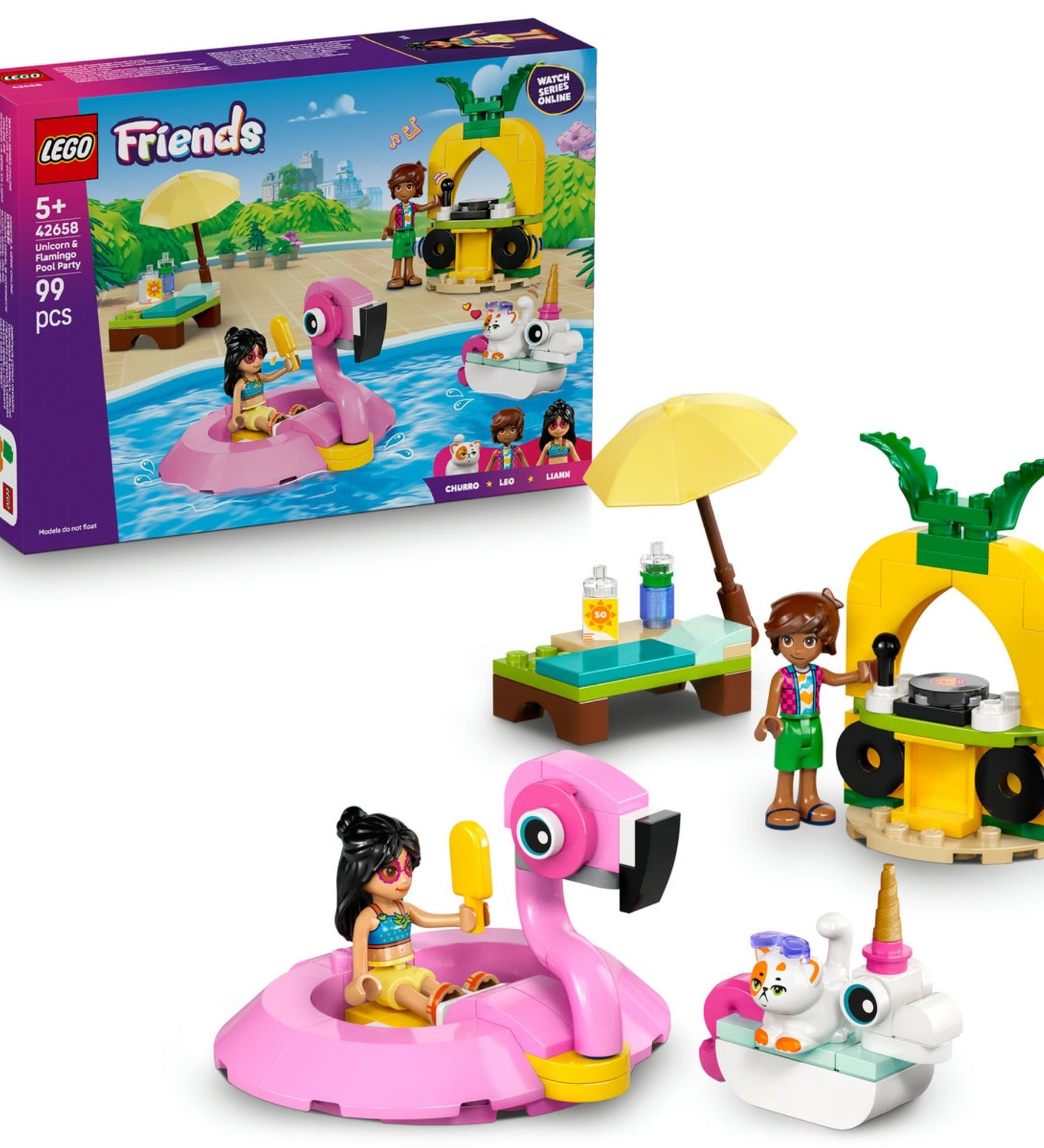 A LEGO Friends: Unicorn & Flamingo Pool Party (42658) készlet doboza és az összeszerelt elemek, köztük rózsaszín flamingó úszógumi, napernyős pihenőasztal, DJ-pult ananász dizájnnal, valamint Liann és Leo minifigurák egy medenceparti jelenetben.