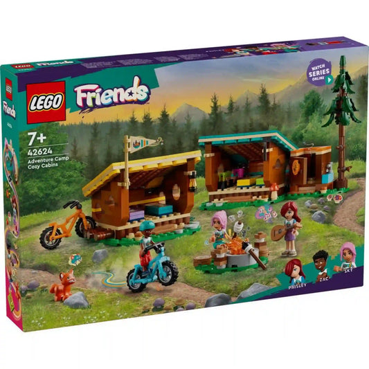 LEGO Friends Otthonos kabinok a kalandtáborban (42624) készlet dobozképe. A képen két hangulatos faház, tábortűz, kerékpárok, három LEGO Friends figura és egy róka látható hegyvidéki erdei környezetben.