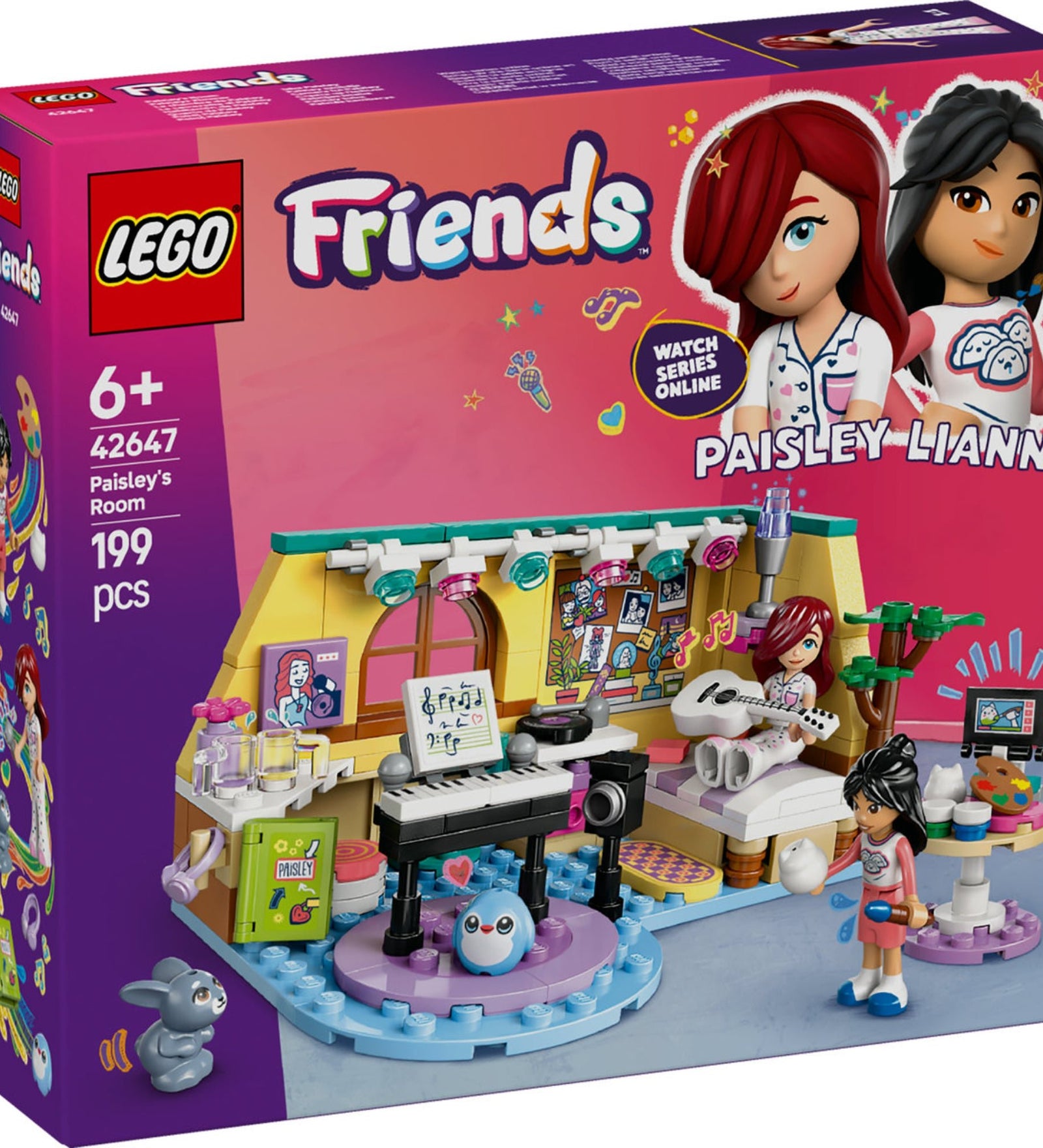 LEGO Friends Paisley szobája 42647 készlet doboza. A képen Paisley és Liann LEGO minifigurák, zenei és művészeti kiegészítők, valamint egy cuki nyuszi látható.
