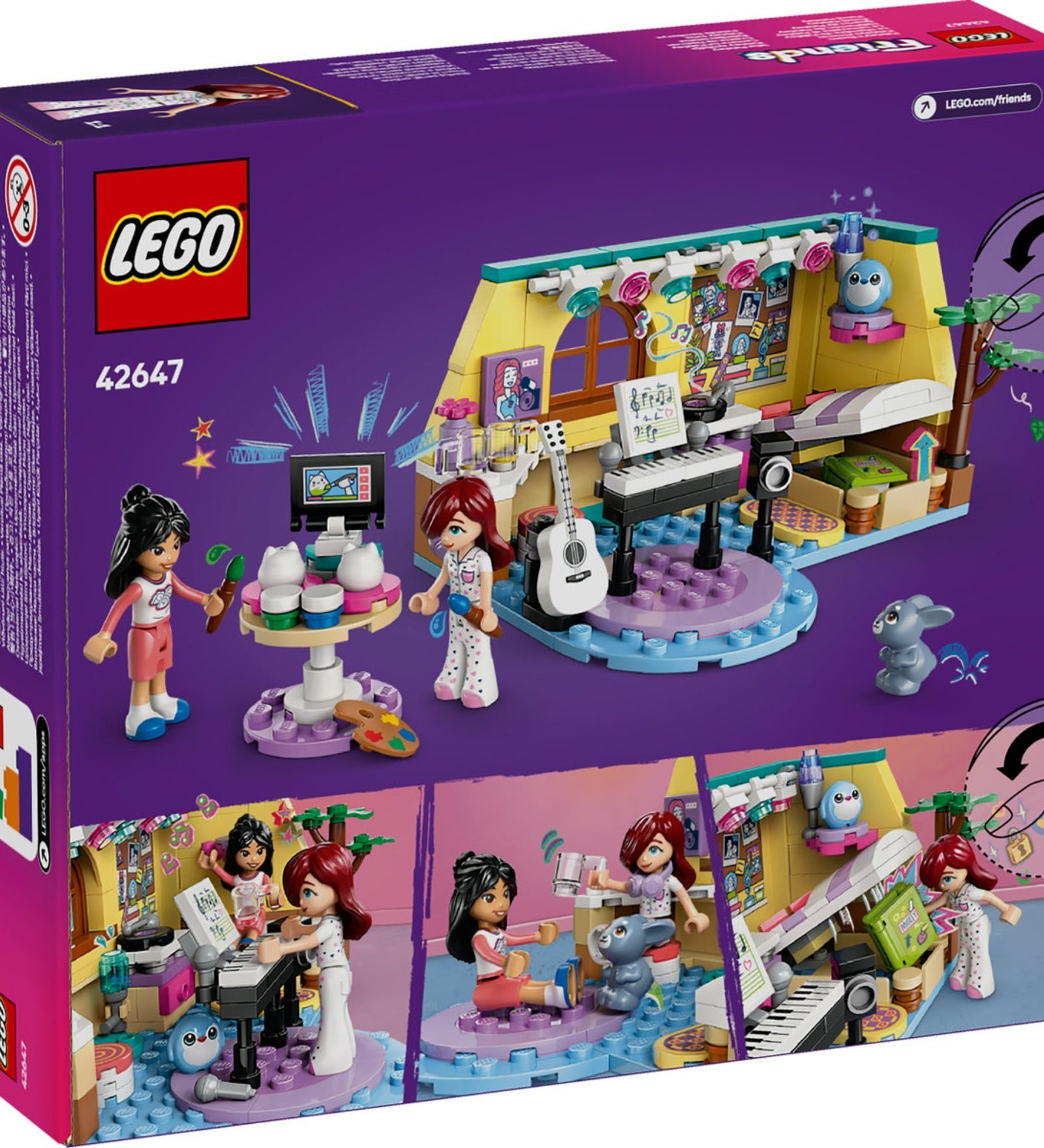 A LEGO Friends Paisley szobája 42647 készlet hátoldala, amely a szett részleteit mutatja. Látható Paisley és Liann figurája, egy nyuszi, zenei és művészeti kiegészítők, mint például egy gitár, zongora és festőkészlet. Az alsó képek játékjeleneteket ábrázolnak, beleértve Paisley titkos ágyrekeszét és Melody gondozását.