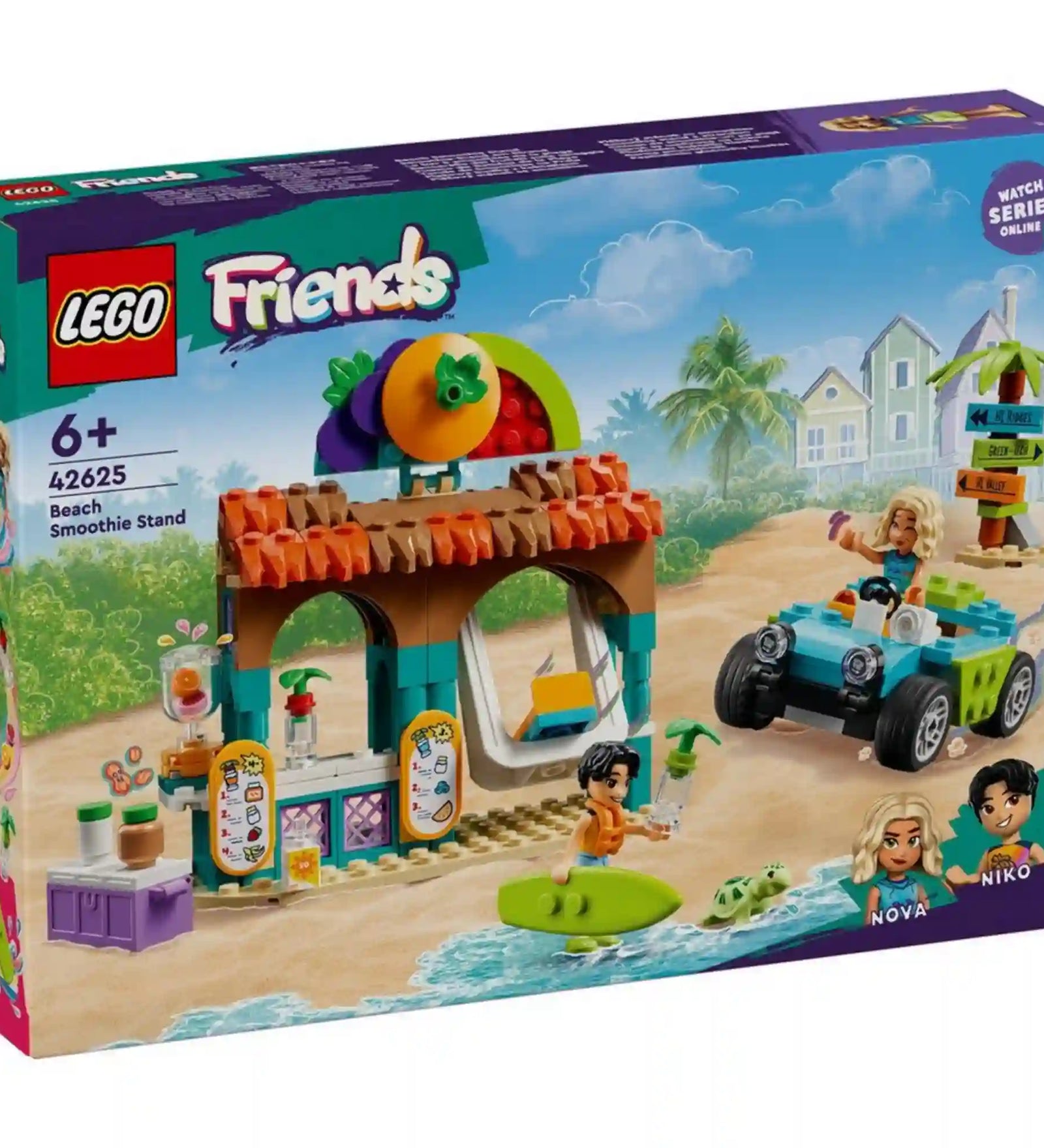 LEGO Friends Smoothie stand a strandon (42625) készlet dobozképe. A dobozon Nova és Niko a tengerparti smoothie bárnál játszanak, miközben a strandautó, a szörfdeszka és a teknős is megjelenik a nyári jelenetben.