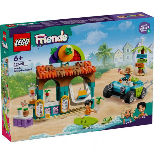 LEGO Friends Smoothie stand a strandon (42625) készlet dobozképe. A dobozon Nova és Niko a tengerparti smoothie bárnál játszanak, miközben a strandautó, a szörfdeszka és a teknős is megjelenik a nyári jelenetben.