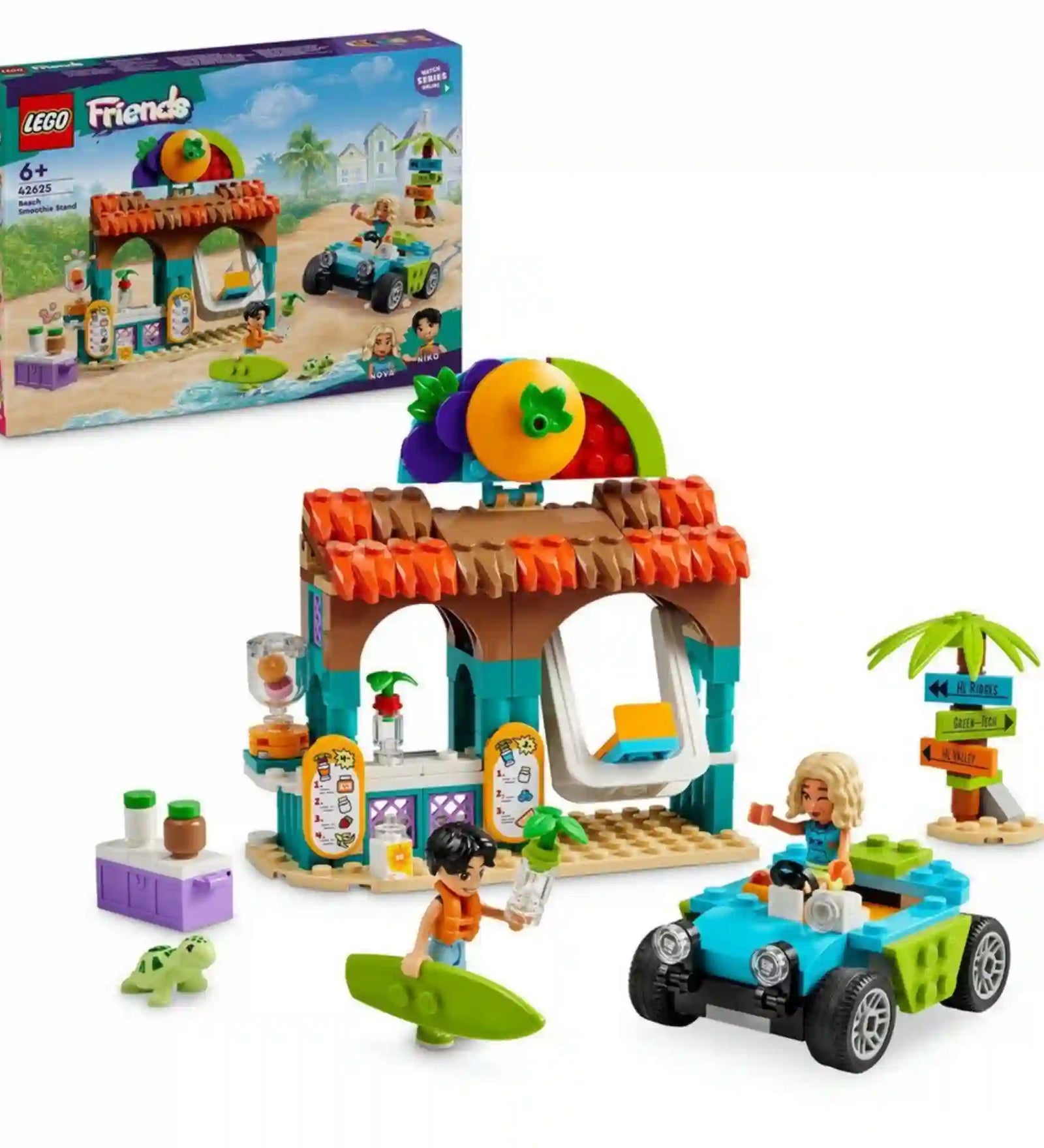 LEGO Friends Smoothie stand a strandon (42625) készlet doboza és megépített modellje. A képen a smoothie stand, a strandautó, a szörfdeszka, a teknősfigura és a két LEGO Friends karakter részletesen látható.