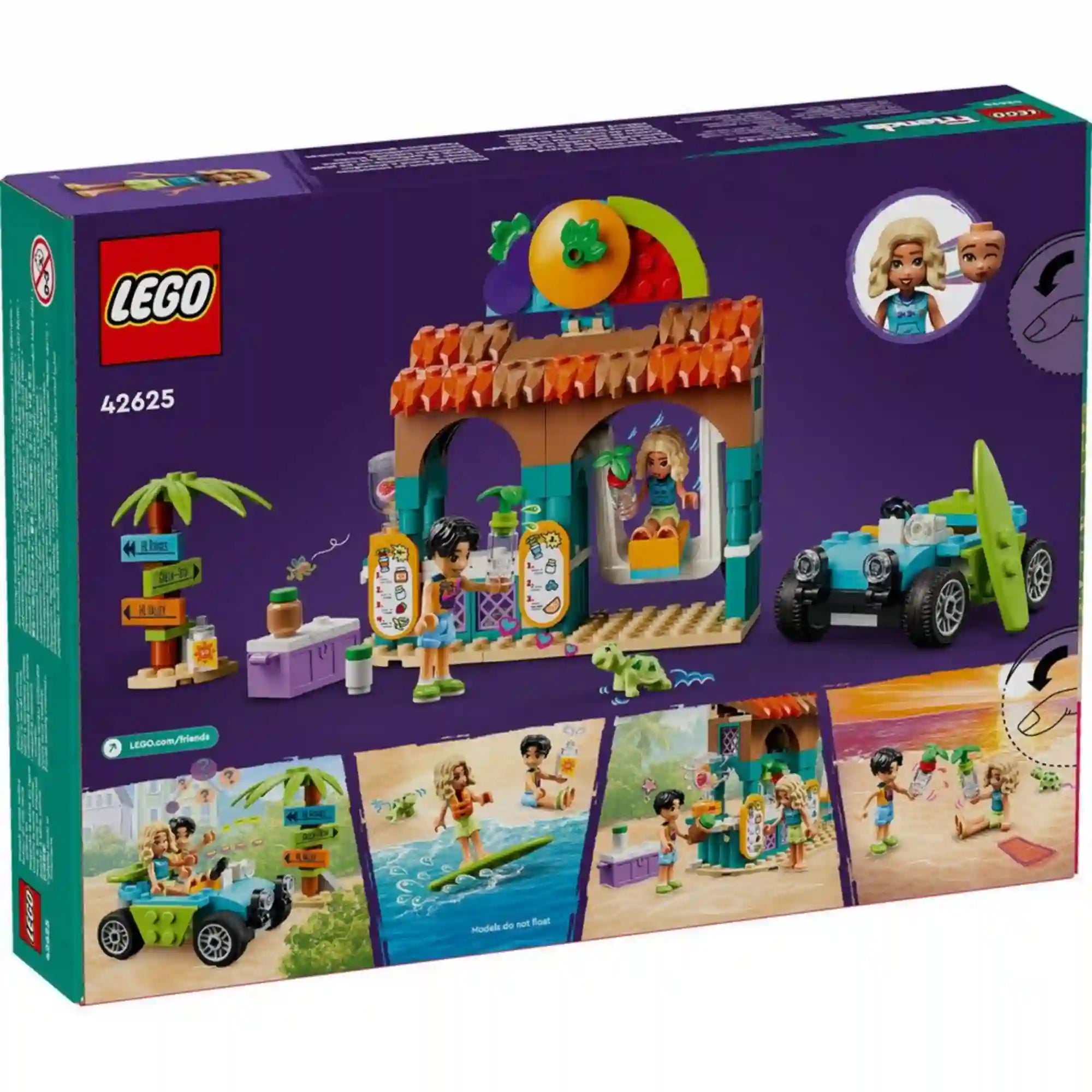 LEGO Friends Smoothie stand a strandon készlet hátoldala. A doboz hátlapja bemutatja a smoothie készítését, a strandautó használatát, a szörfözést és a szerepjáték lehetőségeit a tengerparti környezetben.