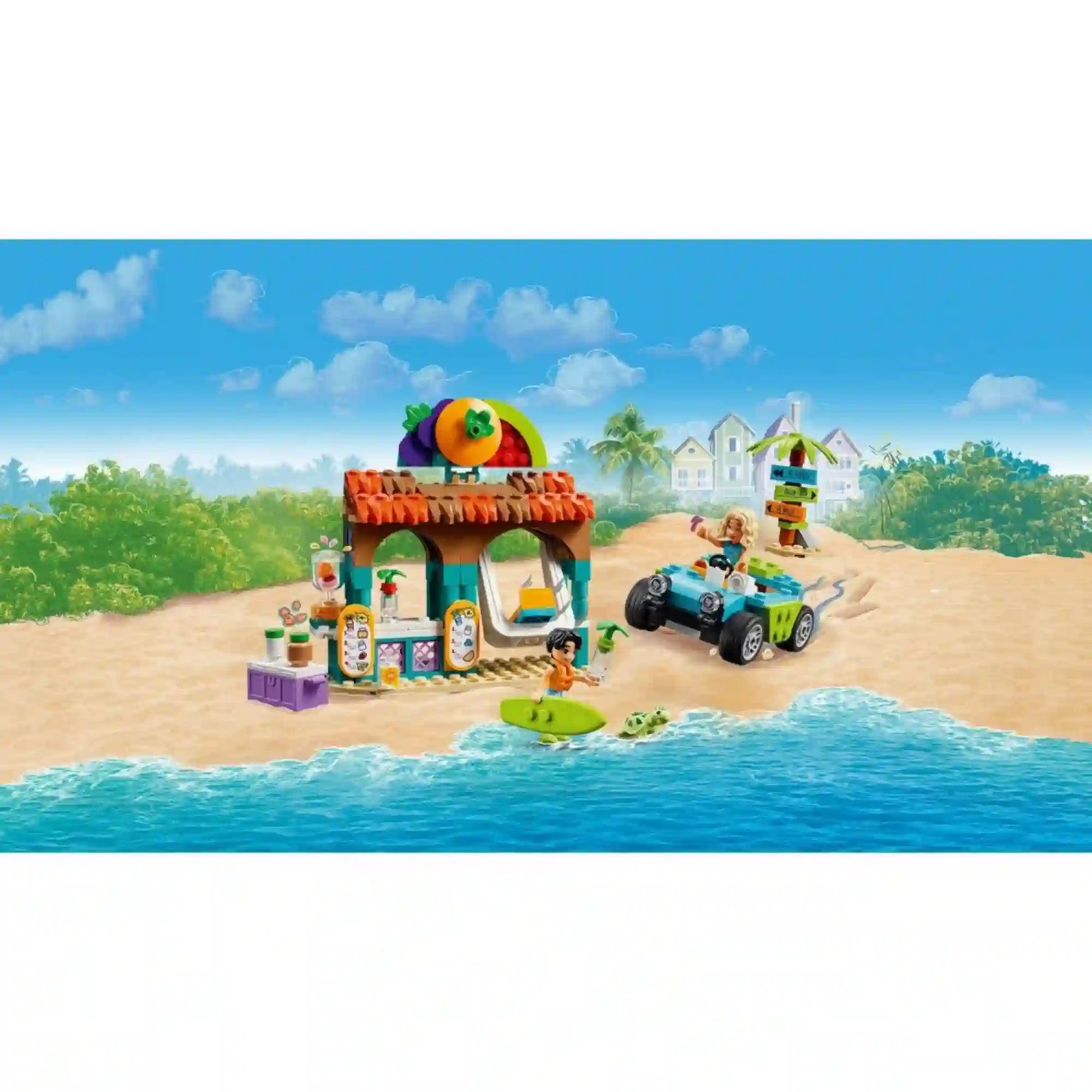 LEGO Friends Smoothie stand a strandon készlet tengerparti jelenetben. A gyümölcsdíszes smoothie bár, a strandjáró jármű, Nova és Niko figurák, egy szörfdeszka és egy teknősfigura látható a vízparton.