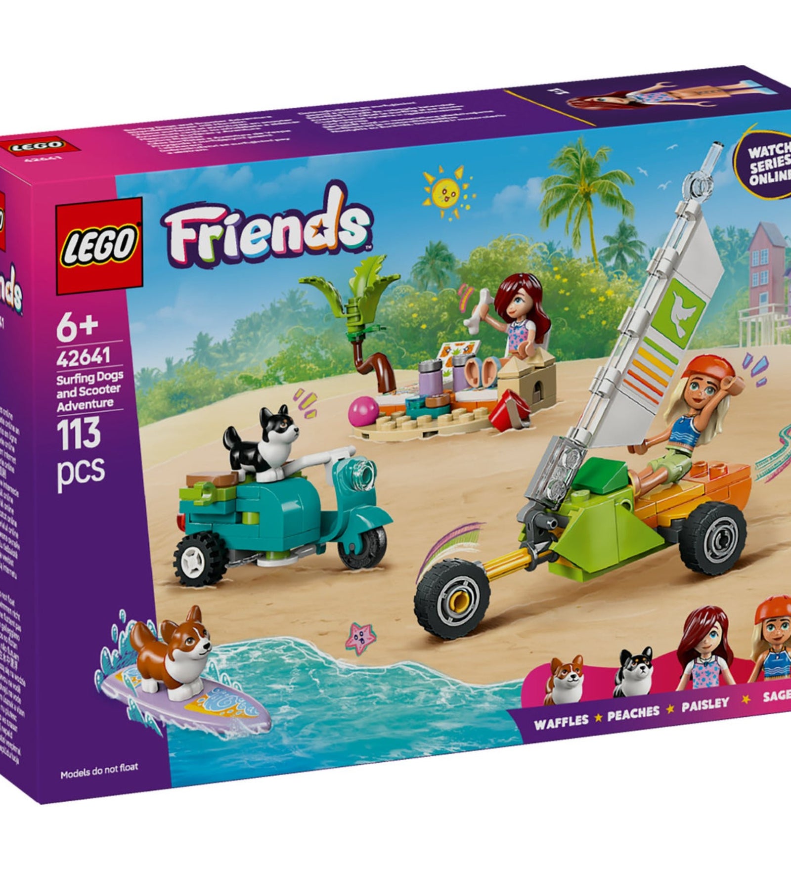 LEGO Friends Szörfös kutyák és robogós kalandok 42641 szett, mely két mini-babát, két corgit, robogót, szörfdeszkát és strandkiegészítőket tartalmaz a kreatív játékhoz.