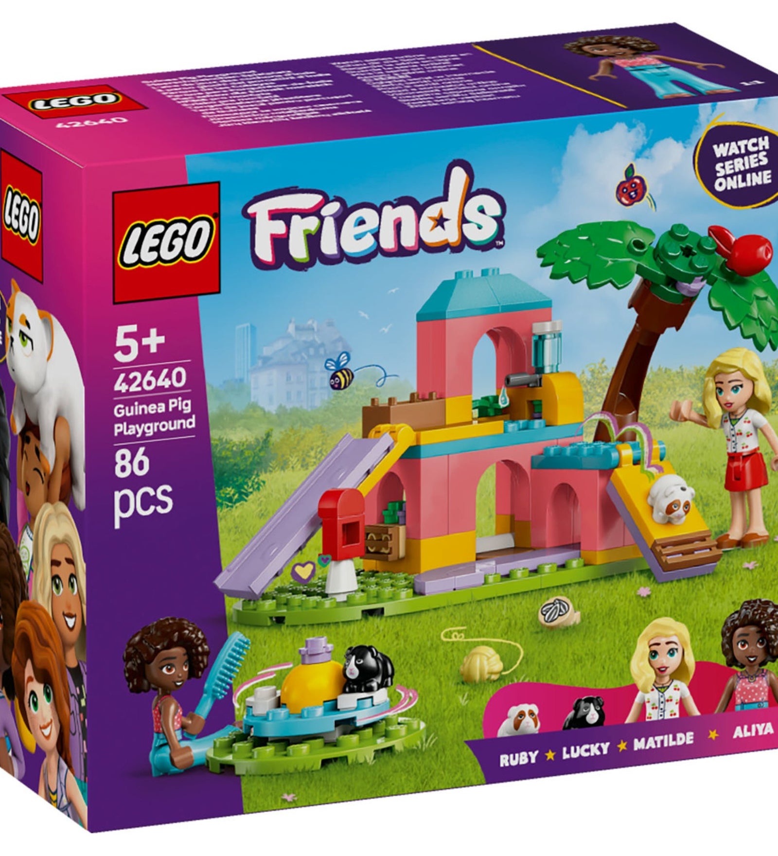 A LEGO Friends Tengerimalac Játszótér 42640 doboza, amely Aliya és Matilde minifigurákat, valamint Ruby és Lucky tengerimalac figurákat ábrázol egy színes játszótéren.