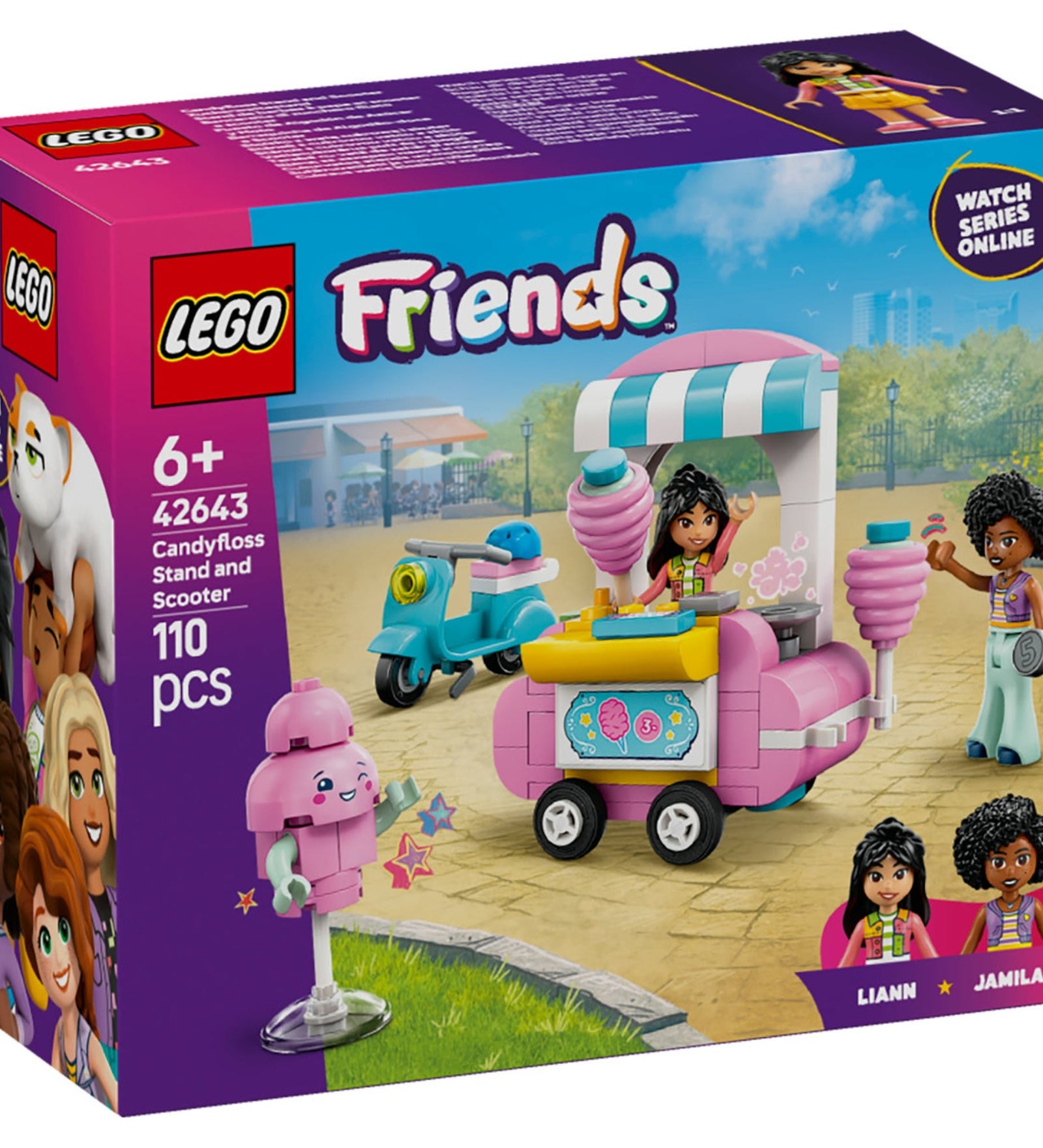 A LEGO Friends Vattacukorárus stand és robogó 42643 szettje tartalmaz egy rózsaszín vattacukorárus standot, egy kék robogót, valamint Liann és Jamila figurákat, miközben egy napfényes parkos háttérben játszódik a jelenet, mely a kreatív szerepjátékot inspirálja.