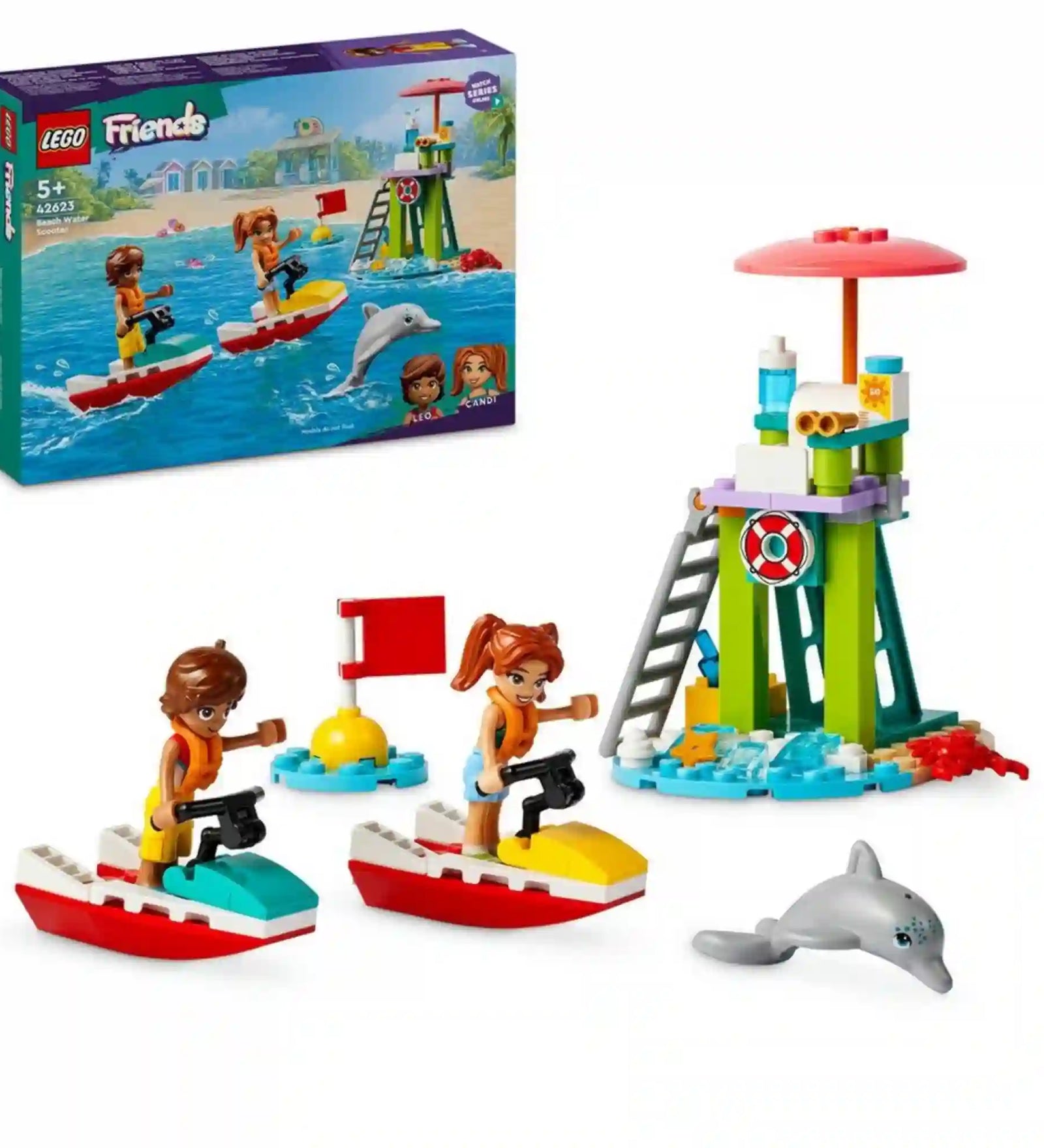 LEGO Friends Vízi robogó a strandon 42623 készlet doboza és megépített modellje. A képen látható a mentőtorony, két vízi robogó, Leo és Candi minibaba figurák, piros zászló, delfin és strandkiegészítők.