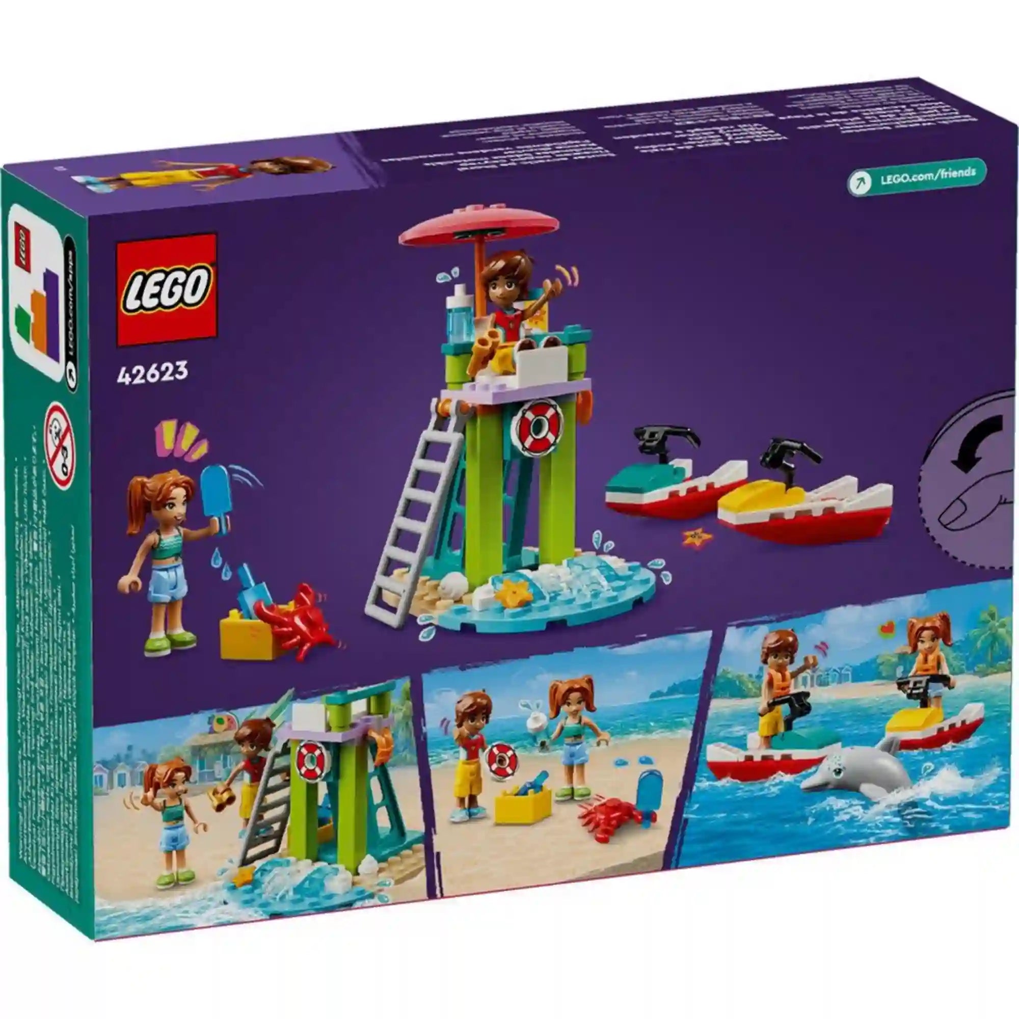 LEGO Friends 42623 készlet hátoldala. A doboz hátlapján a játékfunkciók láthatók, köztük a mentőtorony, a vízi robogók használata, a delfinnel való játék és a strandmentő szerepjáték jelenetei.