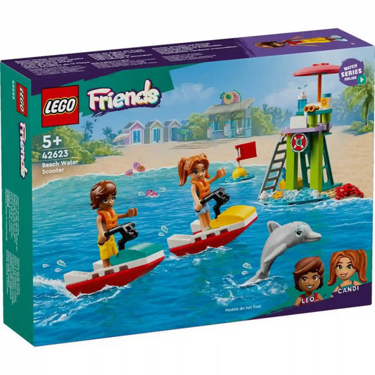 LEGO Friends Vízi robogó a strandon (42623) készlet dobozképe. Leo és Candi vízi robogóval száguldanak a tengerben, miközben egy delfin ugrik ki a vízből a strandőrtorony közelében.