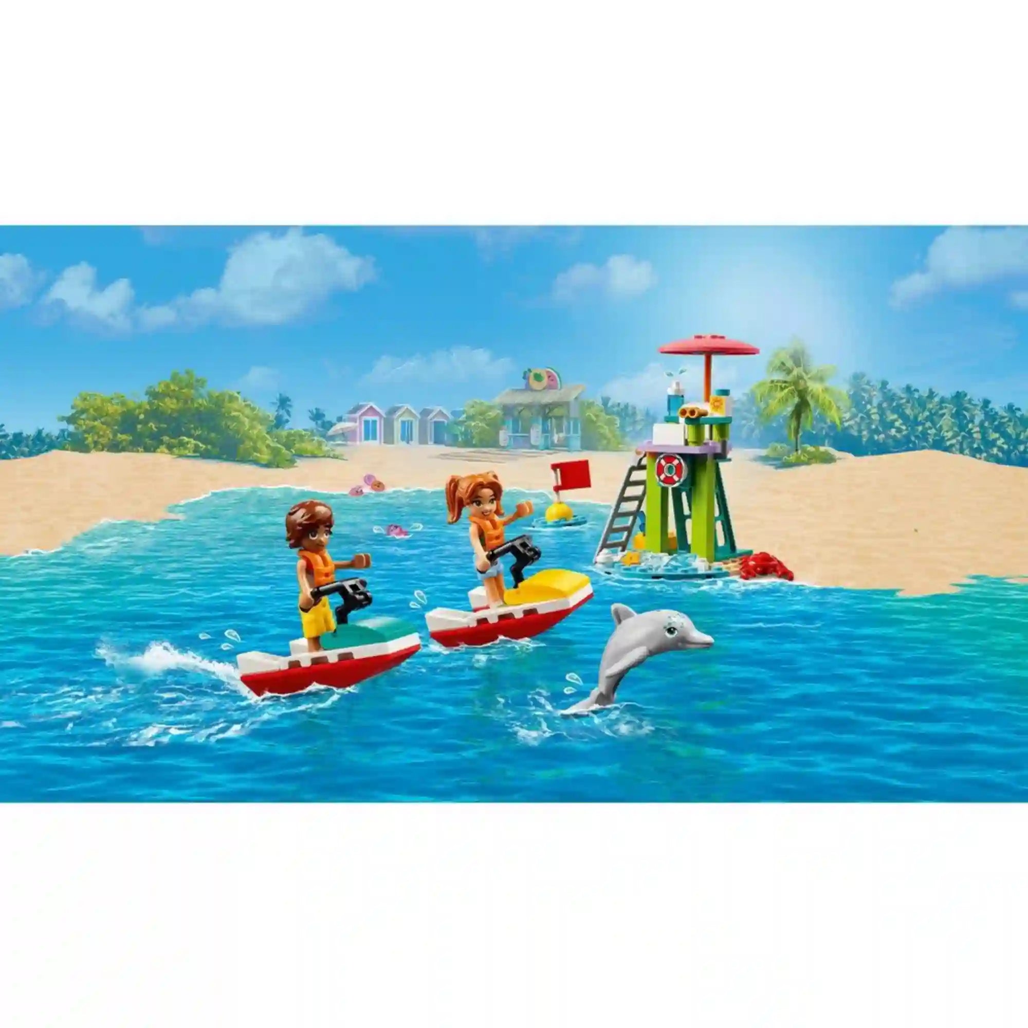 LEGO Friends Vízi robogó a strandon illusztrációs jelenet. Leo és Candi vízi robogókon közlekednek a tengerben egy delfin társaságában, háttérben strandőrtoronnyal, homokos parttal és pálmafákkal.