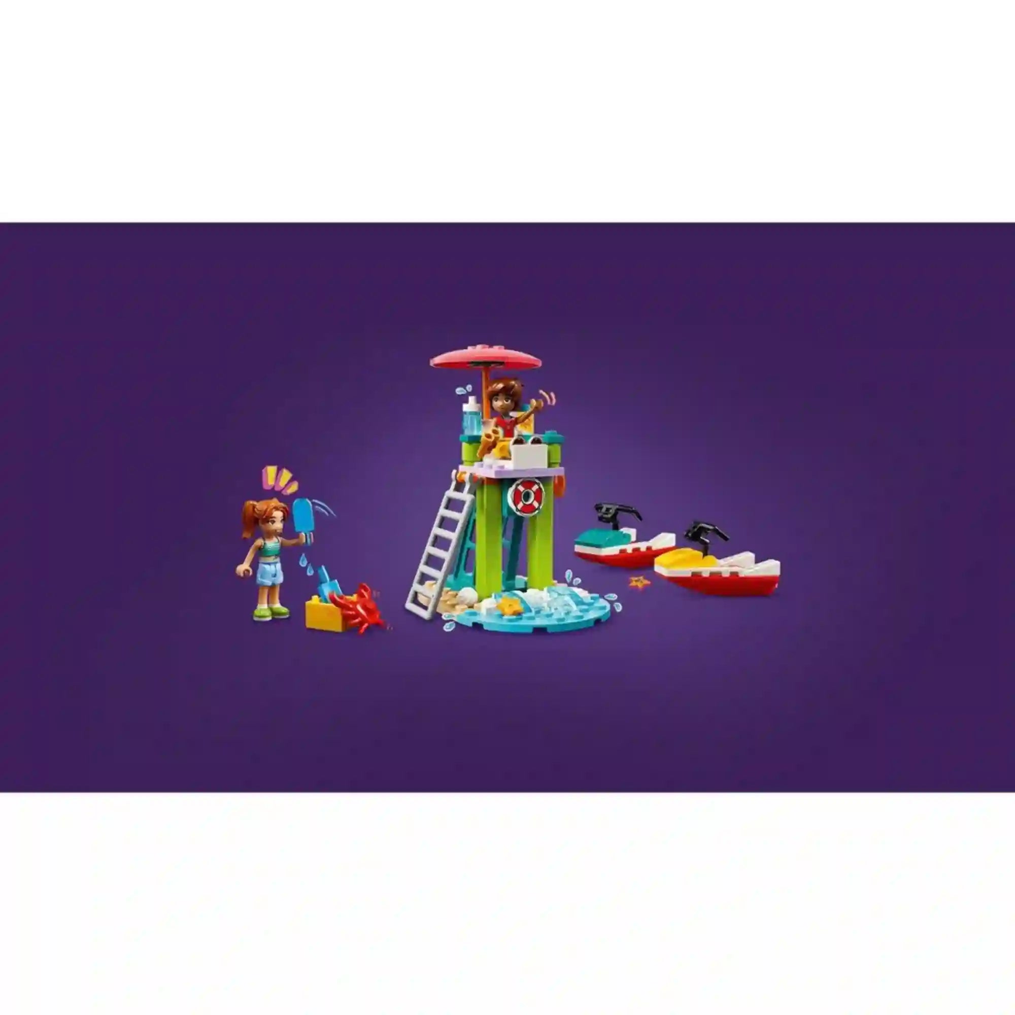 LEGO Friends 42623 strandőrtorony jelenet két vízi robogóval. Candi egy rákot locsol vízzel, miközben Leo a mentőtorony tetején figyel. A készlethez két vízi robogó, mentőállomás és strandkiegészítők tartoznak.