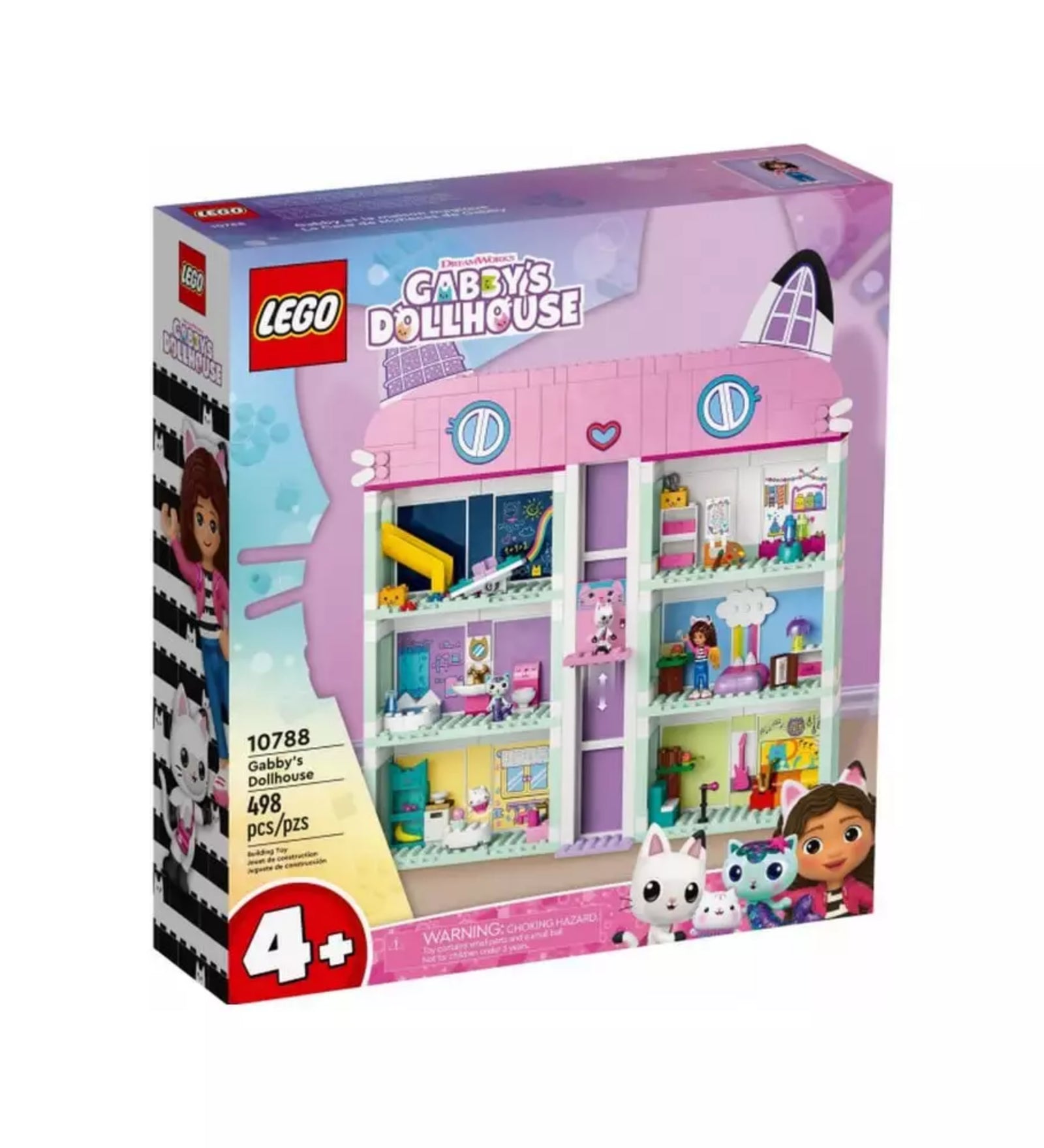LEGO Gabby babaháza (10788) készlet dobozának elülső oldala, rajta a felépített babaház színes szobákkal és szereplőkkel, 4+ korosztály jelöléssel.