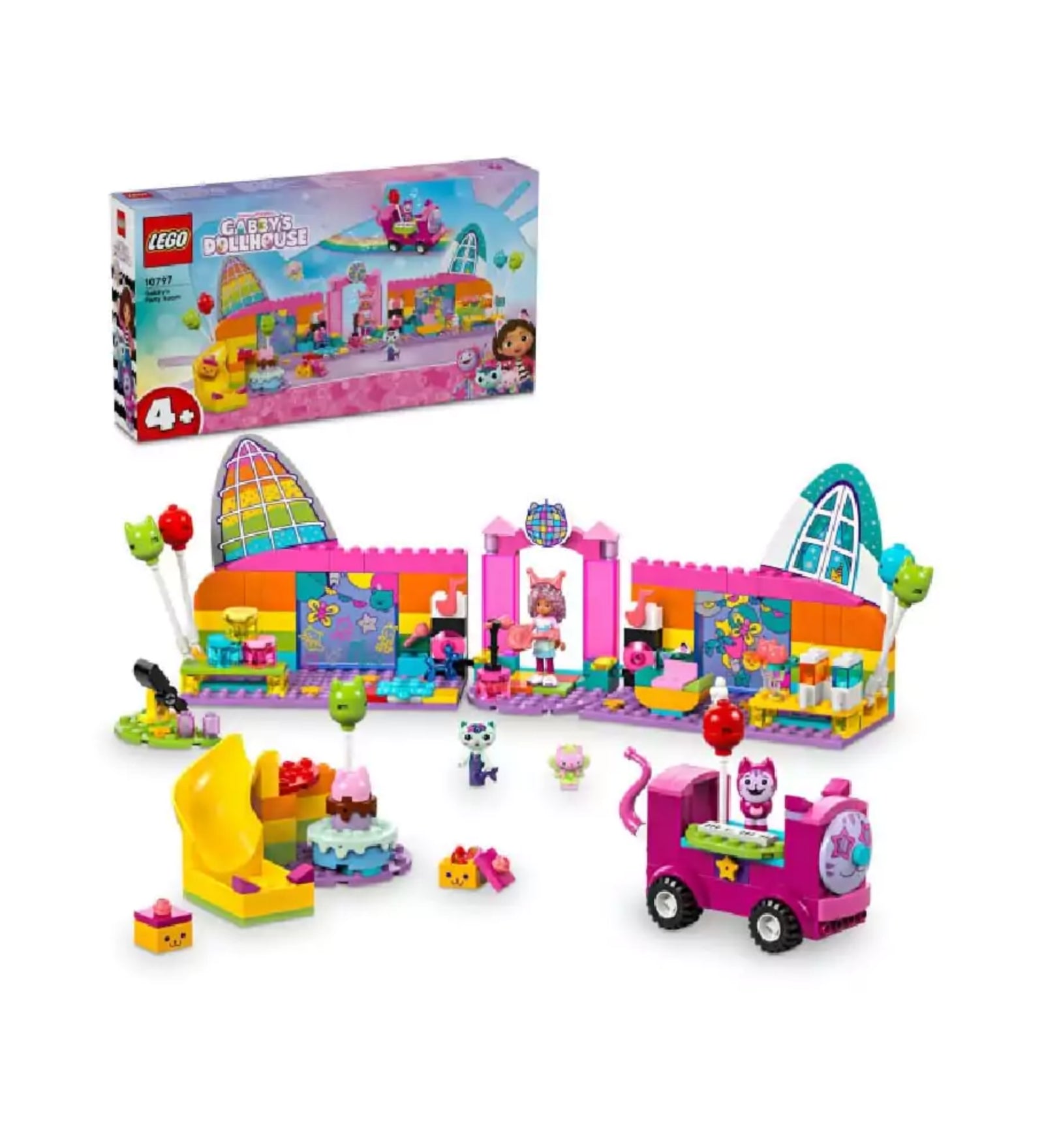 LEGO Gabby’s Dollhouse Gabi partiszobája (10797) szett, elöl a teljesen megépített szett színes elemekkel, figurákkal, buliszobával, játékkal és díszített lufikkal, háttérben a díszdoboz.