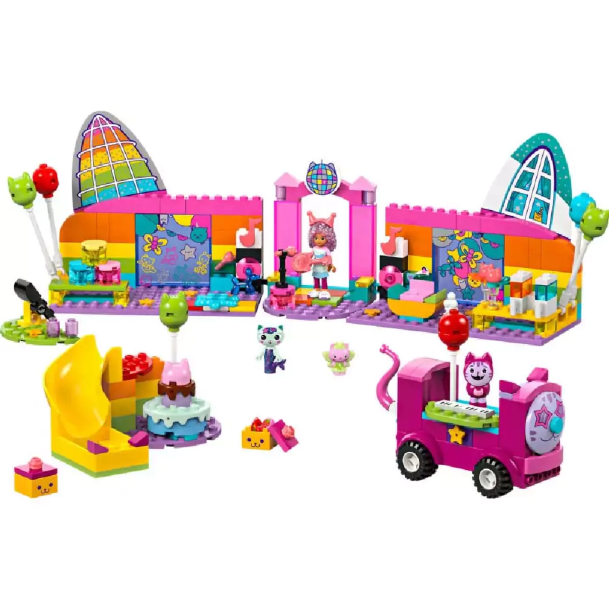 LEGO Gabby’s Dollhouse Gabi partiszobája (10797) teljes szett megépítve, színes falak, ajtók, csúszda, díszek, születésnapi torta, játékos elemek és több figura, köztük Gabby és cicás barátai.