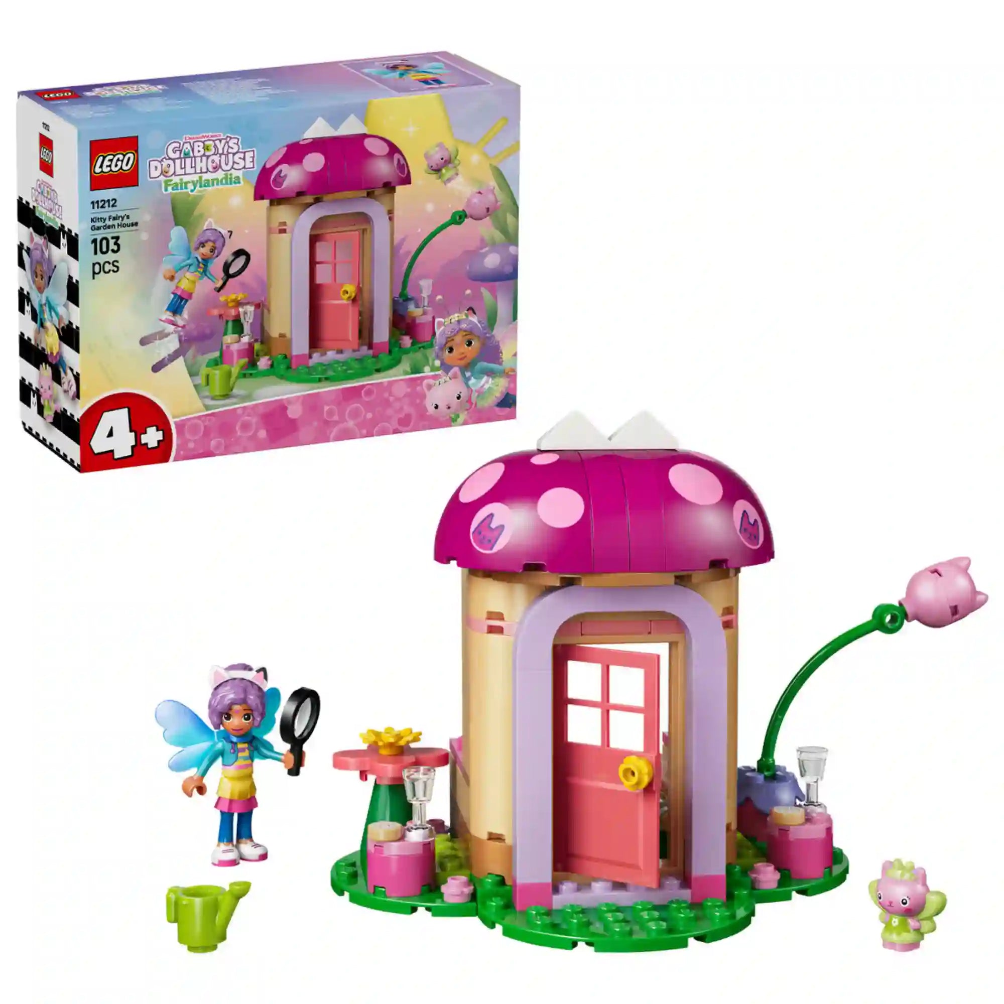 LEGO Gabby babaháza 11212 Kitty Tündér kerti háza építőkészlet eredeti doboza a megépített tündérházzal, Kitty Tündér figurával, kiscica karakterrel és a készlet kiegészítőivel.