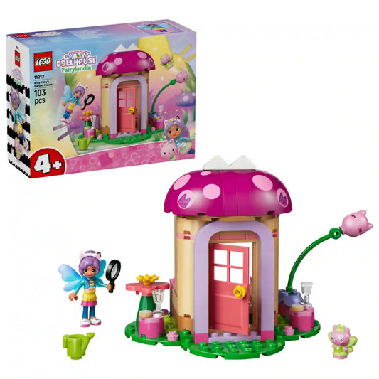 LEGO Gabby babaháza 11212 Kitty Tündér kerti háza építőkészlet eredeti doboza a megépített tündérházzal, Kitty Tündér figurával, kiscica karakterrel és a készlet kiegészítőivel.