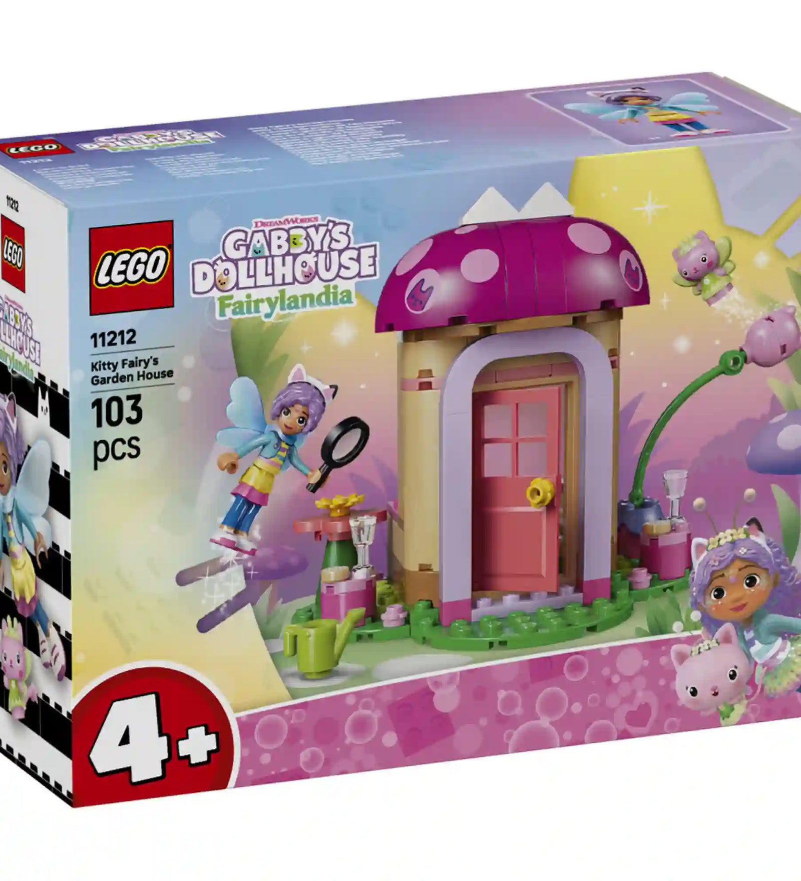 LEGO Gabby babaháza 11212 Kitty Tündér kerti háza építőkészlet eredeti termékdoboza, amelyen a tündérház, a figurák és a készlet fő elemei láthatók.