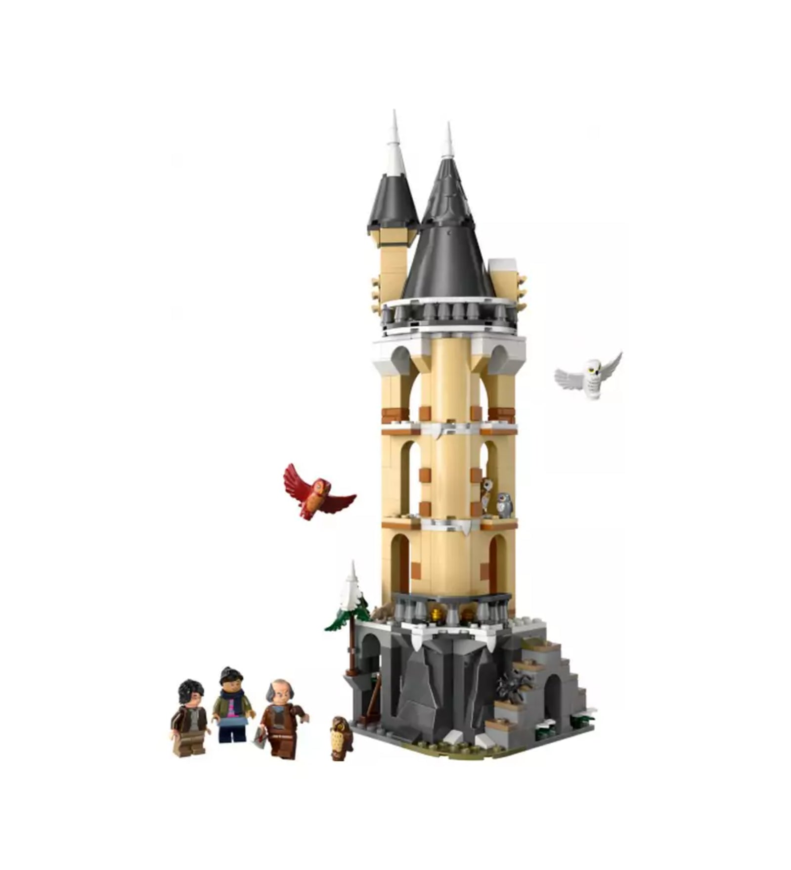 A képen a LEGO Harry Potter "Hogwarts kastélyi bagolyház" szett látható, amely egy varázslatos toronyt ábrázol, amelyet baglyok vesznek körül. A szett tartalmazza a karaktereket, mint Harry Potter, Ron Weasley és Hagrid, valamint több bagolyt, akik a varázslatos leveleket szállítják. A torony részletes építése és a szetthez tartozó kiegészítők tökéletesen megelevenítik a híres varázslóvilág hangulatát. 