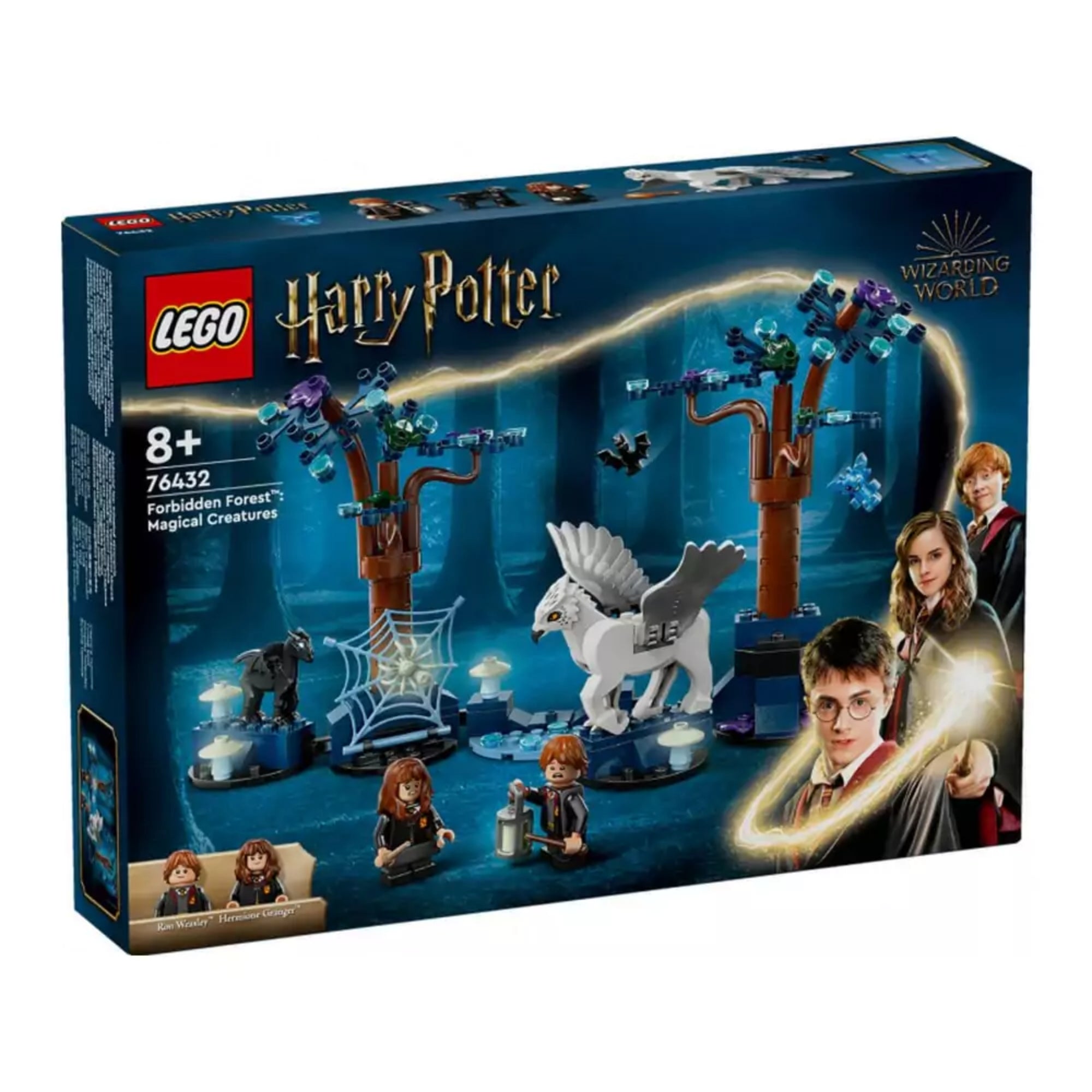 A LEGO Harry Potter A Tiltott Rengeteg: Varázslatos lények (76432) doboza, sötét erdei háttérrel, két minifigurával (Hermione és Ron), hippogriffel, thesztrállal, fákkal és varázslatos lényekkel a doboz grafikáján.