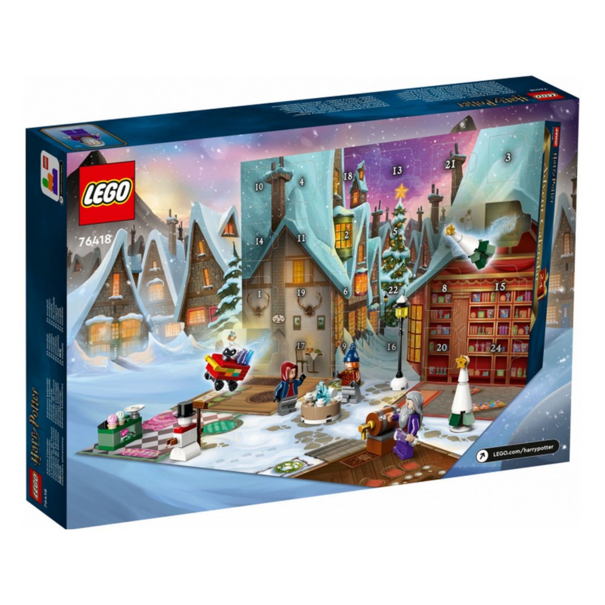 LEGO Harry Potter Adventi naptár (76418) doboz hátoldala, megnyitható ablakos dizájnnal és a kalendárium tartalmát bemutató jelenettel a varázsvilágból