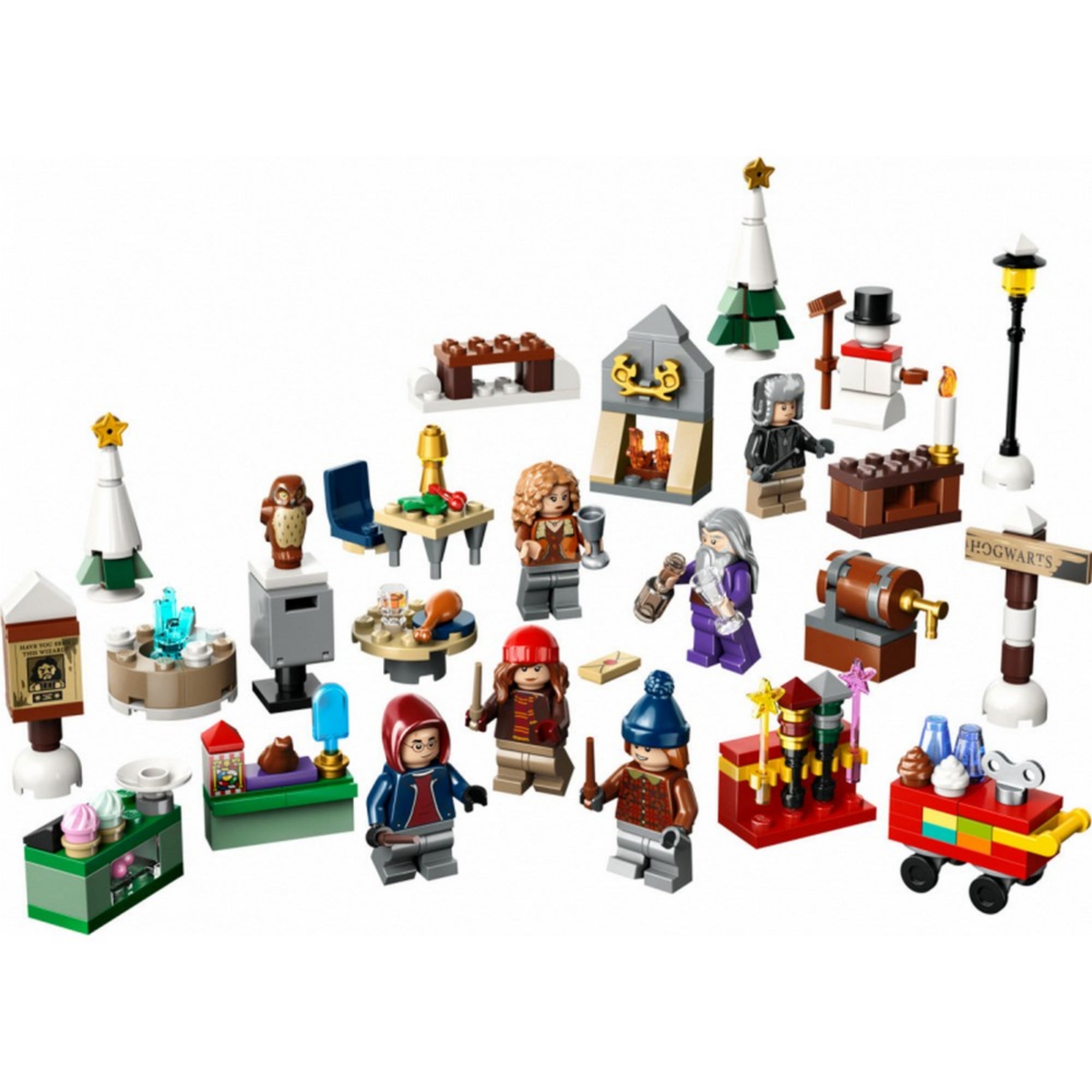 LEGO Harry Potter Adventi naptár (76418) teljes készlet kibontva, 227 darabos szett minifigurákkal, karácsonyi díszletekkel és varázslatos kiegészítőkkel Hogsmeade hangulatban