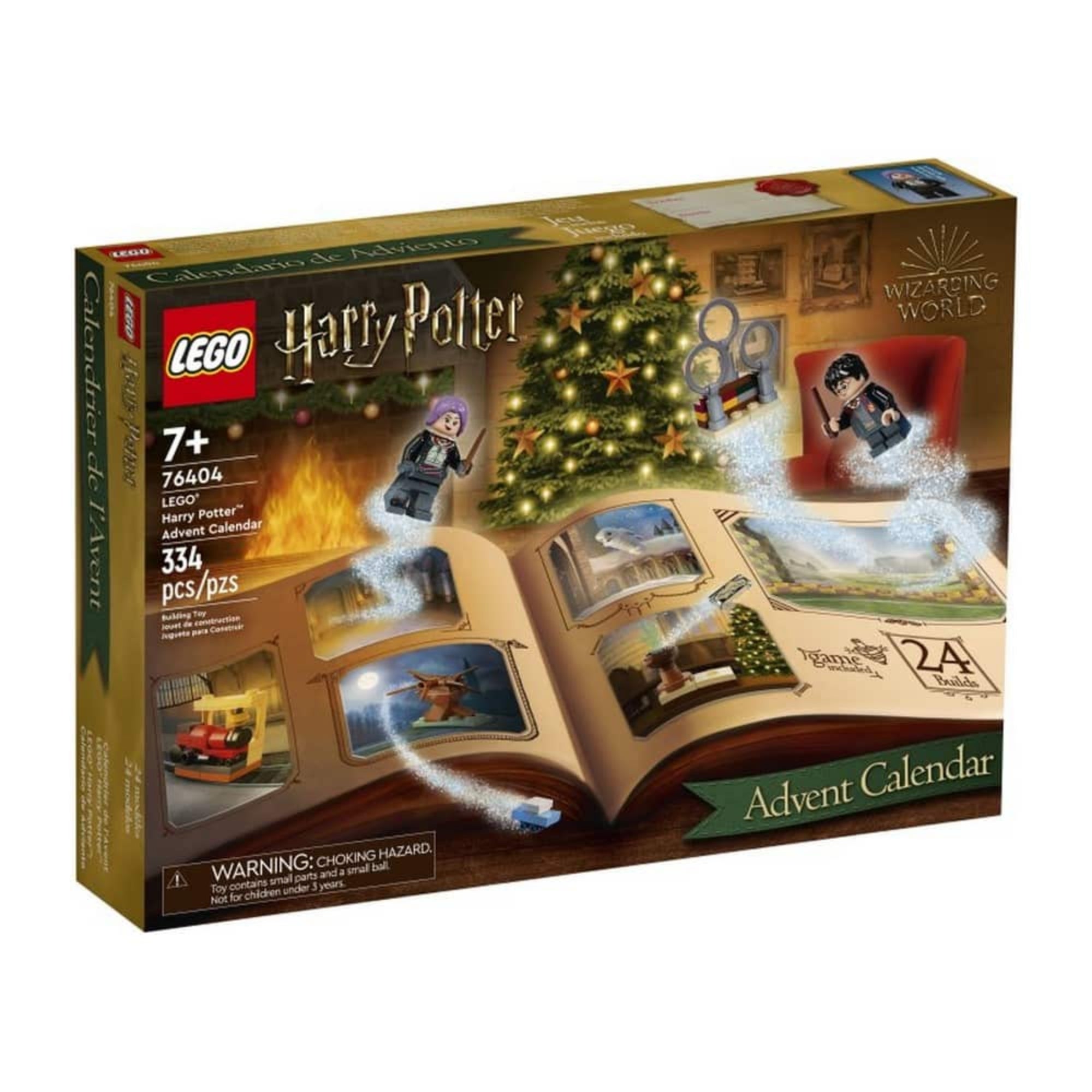 A LEGO Harry Potter adventi naptár 76404 dobozának eleje, ünnepi dizájnnal, Harry és Tonks varázslattal repülnek ki egy illusztrált könyvből, háttérben karácsonyfa és kandalló.