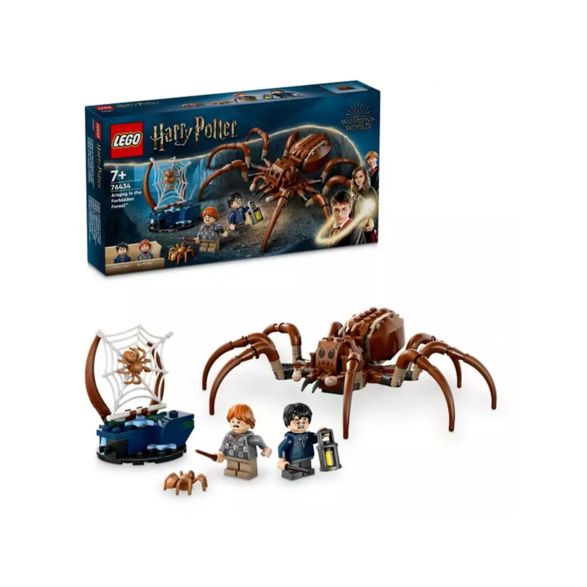 LEGO Harry Potter Aragog a Tiltott Rengetegben (76434) szett – a képen a doboz és az összeállított készlet látható: a hatalmas barna pók, Aragog, mellette Harry és Ron minifigurái, egy kis pók, valamint egy pókhálós jelenet.
