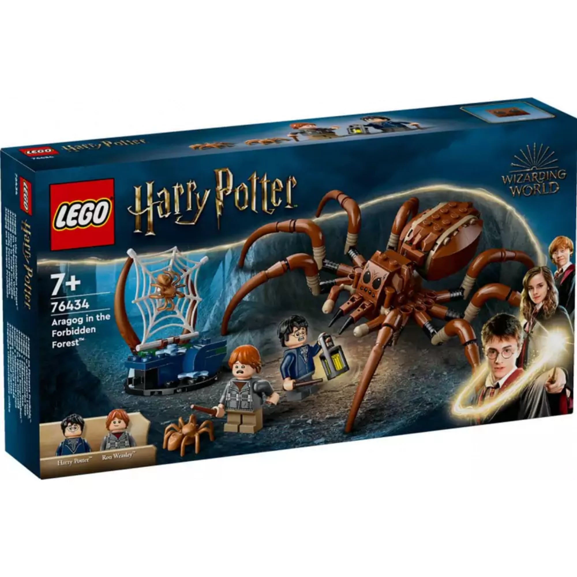 LEGO Harry Potter Aragog a Tiltott Rengetegben (76434) szett doboza – sötét erdei háttérrel, elöl Aragog, a két főszereplő minifigura (Harry Potter és Ron Weasley), valamint a pókhálós építmény és a LEGO logó.