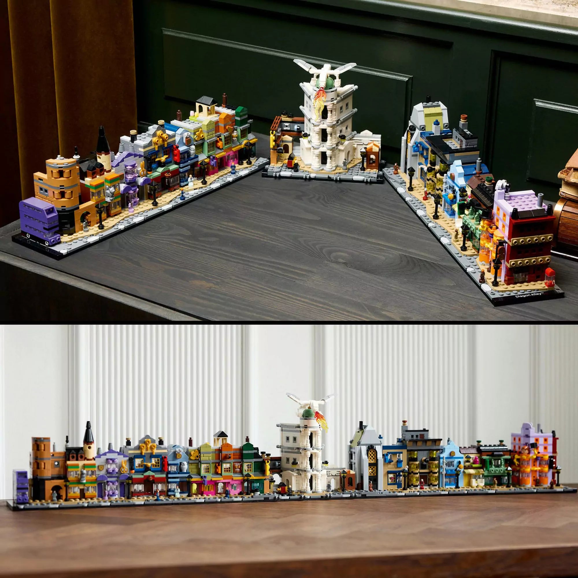 LEGO Harry Potter Az Abszol út kiállítva (76444): A megépített Abszol út kétféle elrendezésben kiállítva: hosszú sor vagy szögletes utca.