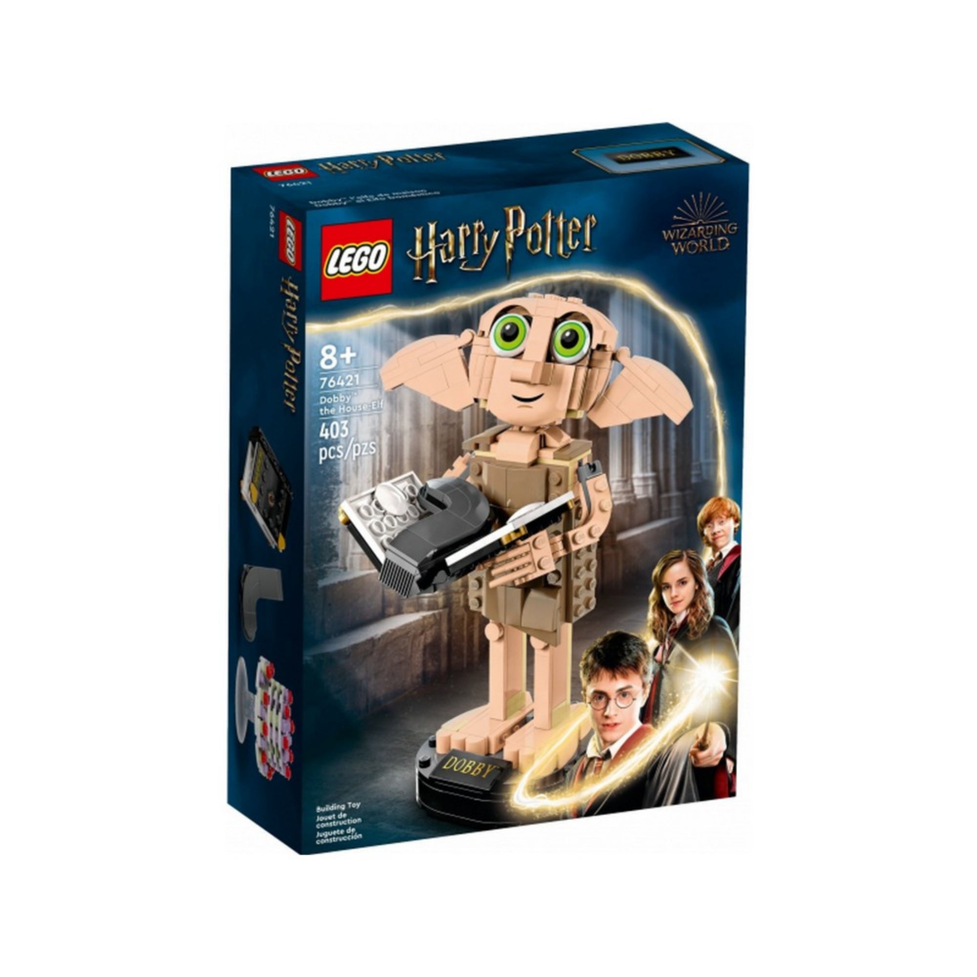 LEGO Harry Potter Dobby a házimanó (76421) doboza elölnézetből, rajta a figura, a torta és Tom Denem naplója, 403 darabos készletként feltüntetve.
