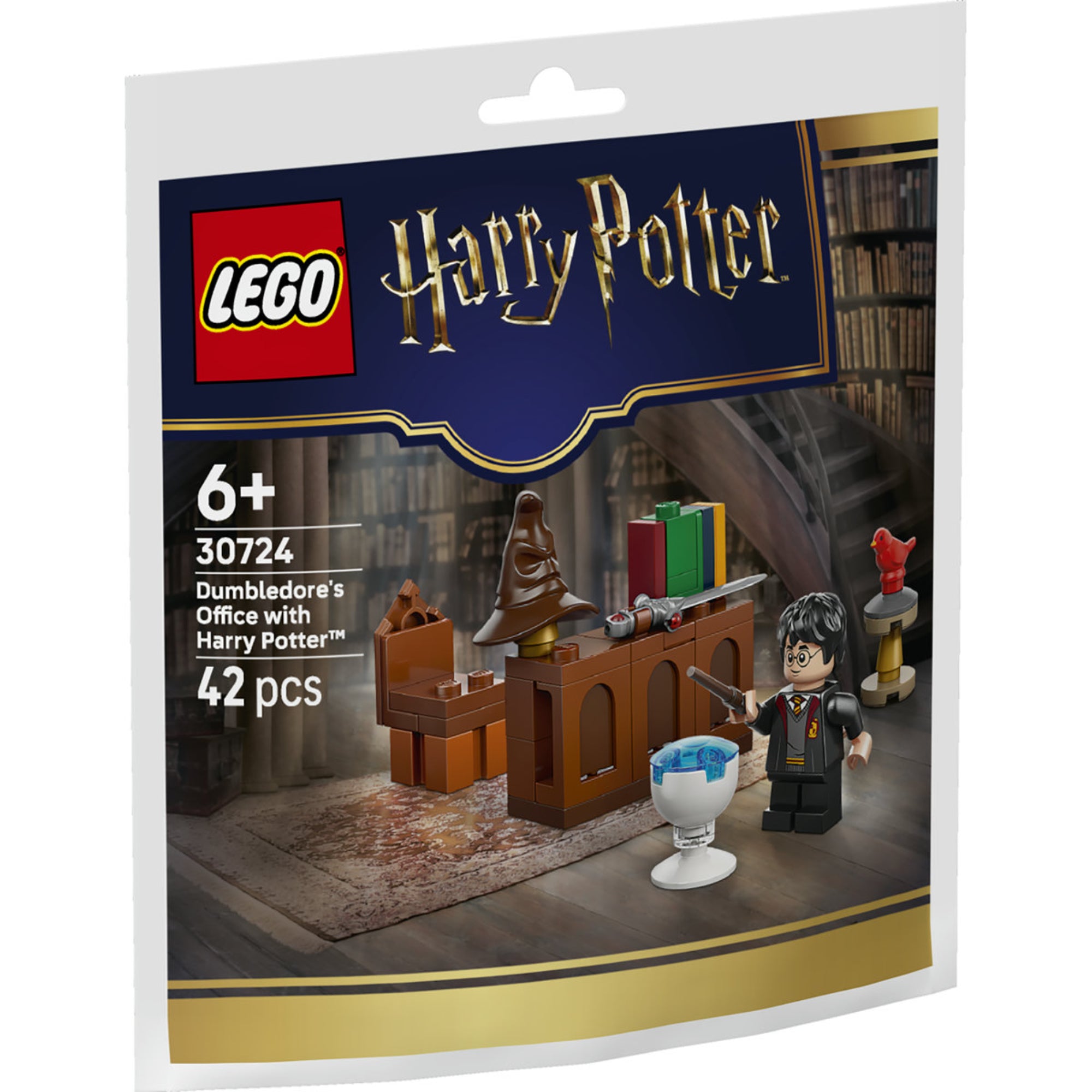 LEGO Harry Potter Dumbledore's Office with Harry Potter 30724 polybag csomagolás, amely Dumbledore irodájának mini jelenetét és Harry Potter minifigurát mutatja.