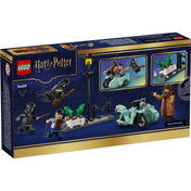 LEGO Harry Potter: Hagrid és Harry menekülése oldalkocsival 76459 – a doboz hátoldala, játékfunkciók és átalakítható jármű bemutatása.