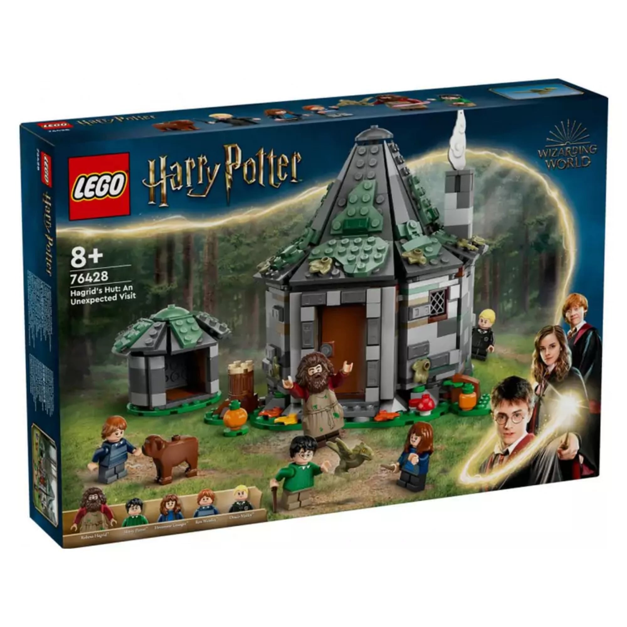 A LEGO Harry Potter Hagrid kunyhója – Egy váratlan látogatás (76428) szett doboza, amelyen a kunyhó zöld tetővel, fák, tökök és hat minifigura – köztük Hagrid, Harry, Ron, Hermione, Draco és egy kutya – látható, varázslatos erdei háttérrel.
