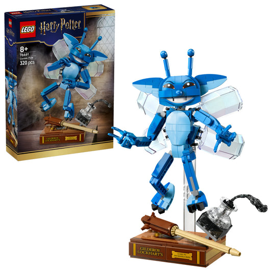 LEGO Harry Potter: Cornish Pixie 76461 – a készlet doboza és a megépített cornwalli manó talapzaton, Lockhart könyvével és kiegészítőkkel.