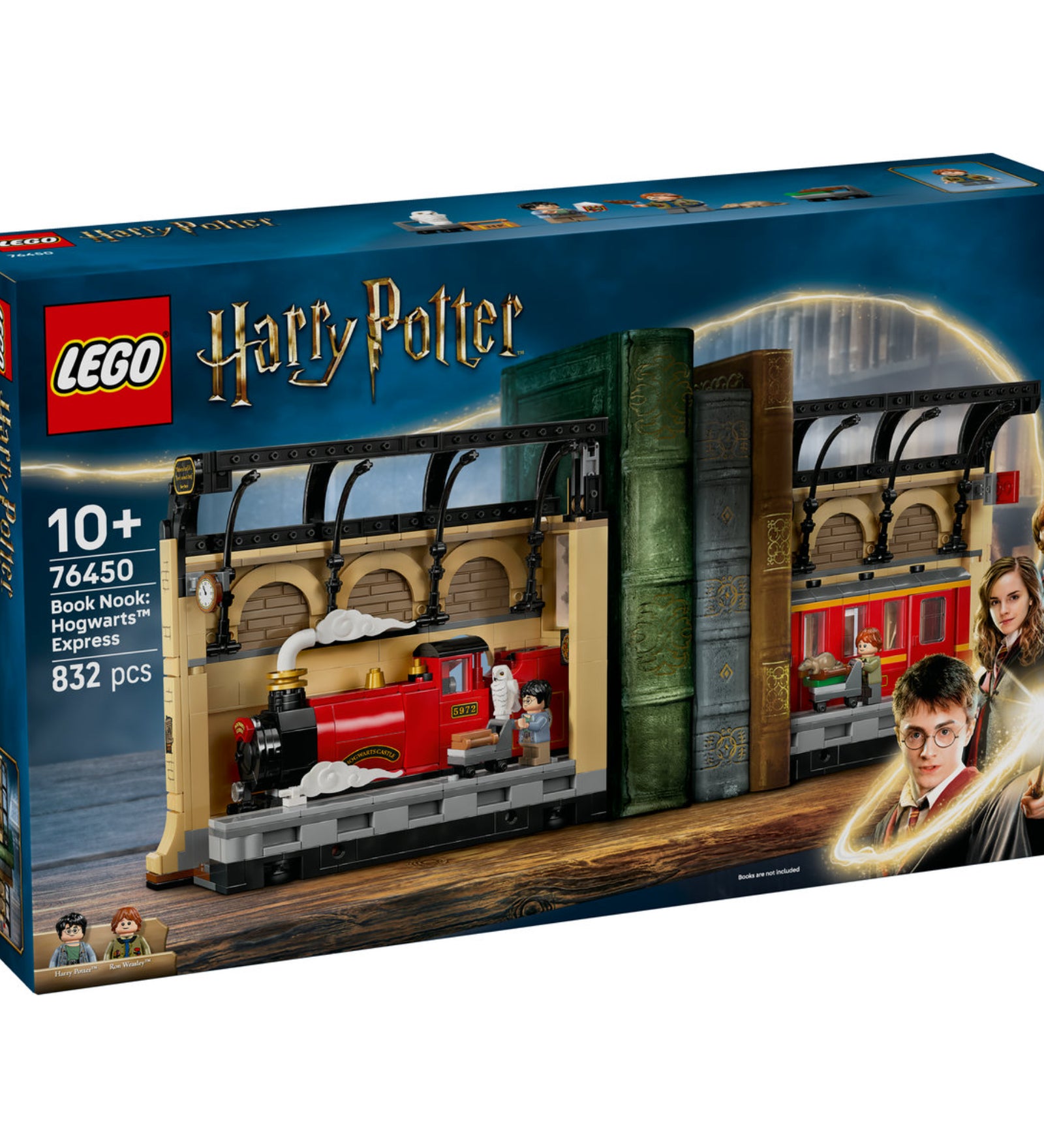 A LEGO Harry Potter készlet dobozának előlapja, mágikus hangulatú háttérrel, a Roxfort Expressz modelljével, 832 darabos jelöléssel, valamint Harry, Hermione és Ron karakterképeivel.