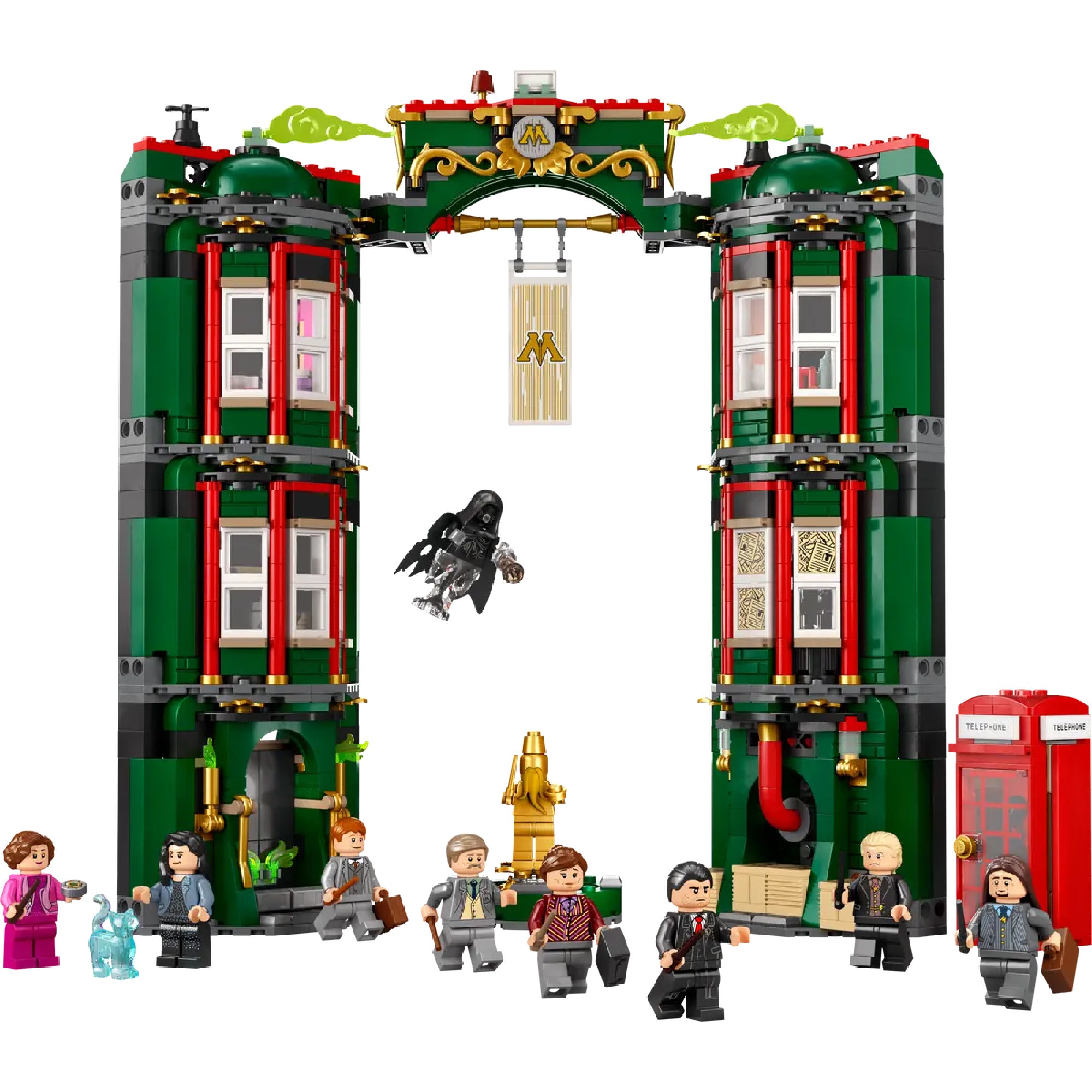 LEGO Harry Potter Mágiaügyi Minisztérium (76403) felépített, zöld és vörös tornyokból álló hivatalos bejárat, minifigurákkal, dementorral és kiegészítőkkel.